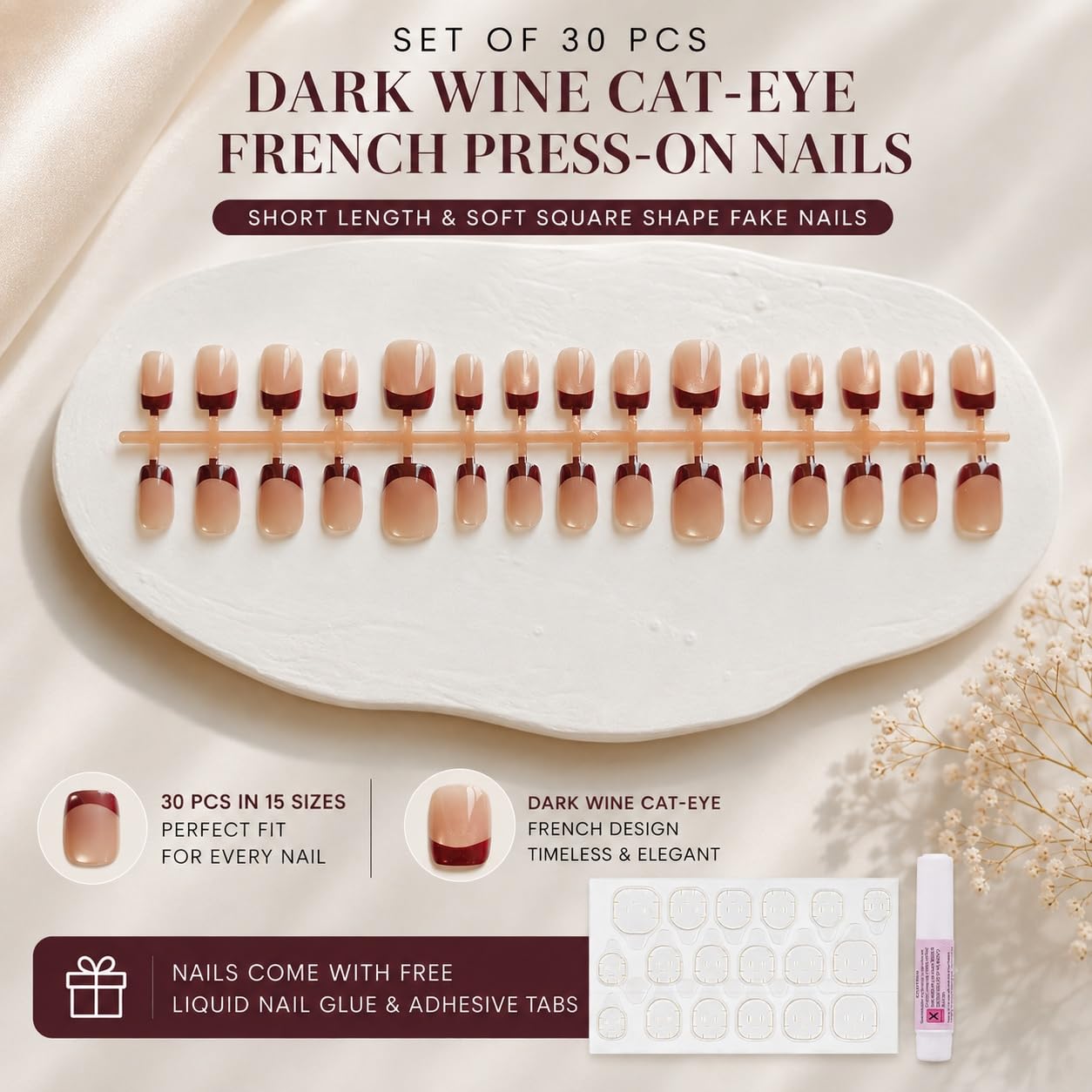 S.A.V.I Press on Nails Dark Wine Cat Eye French Tip, 30 Pcs
