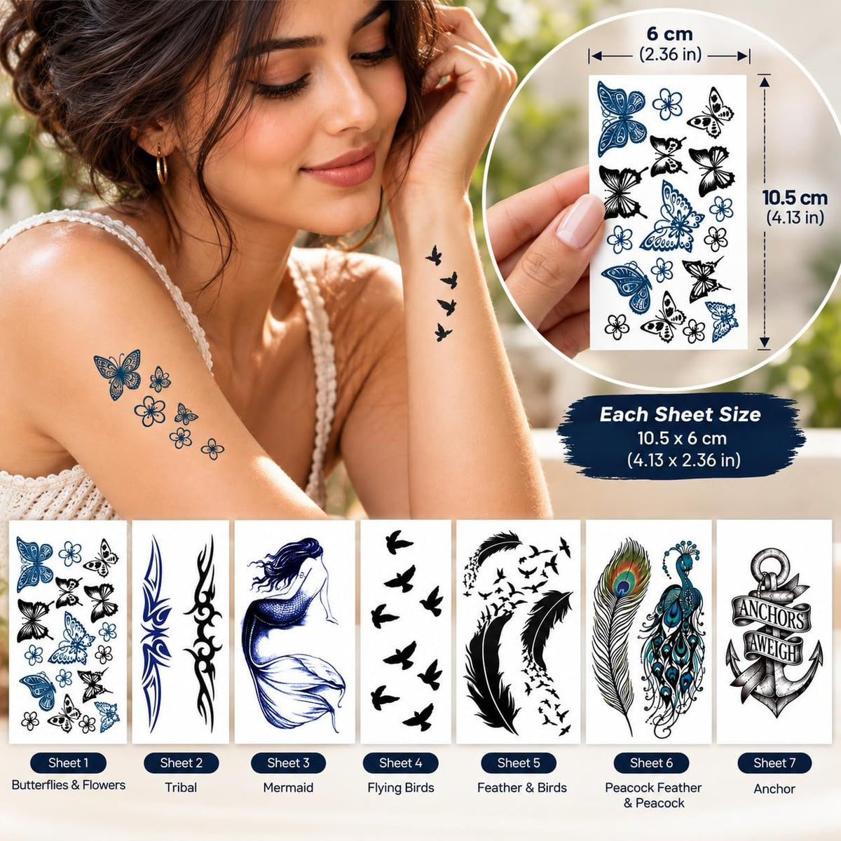 S.A.V.I Temporary Tattoo Stickers for Women & Girls, 7 Sheets