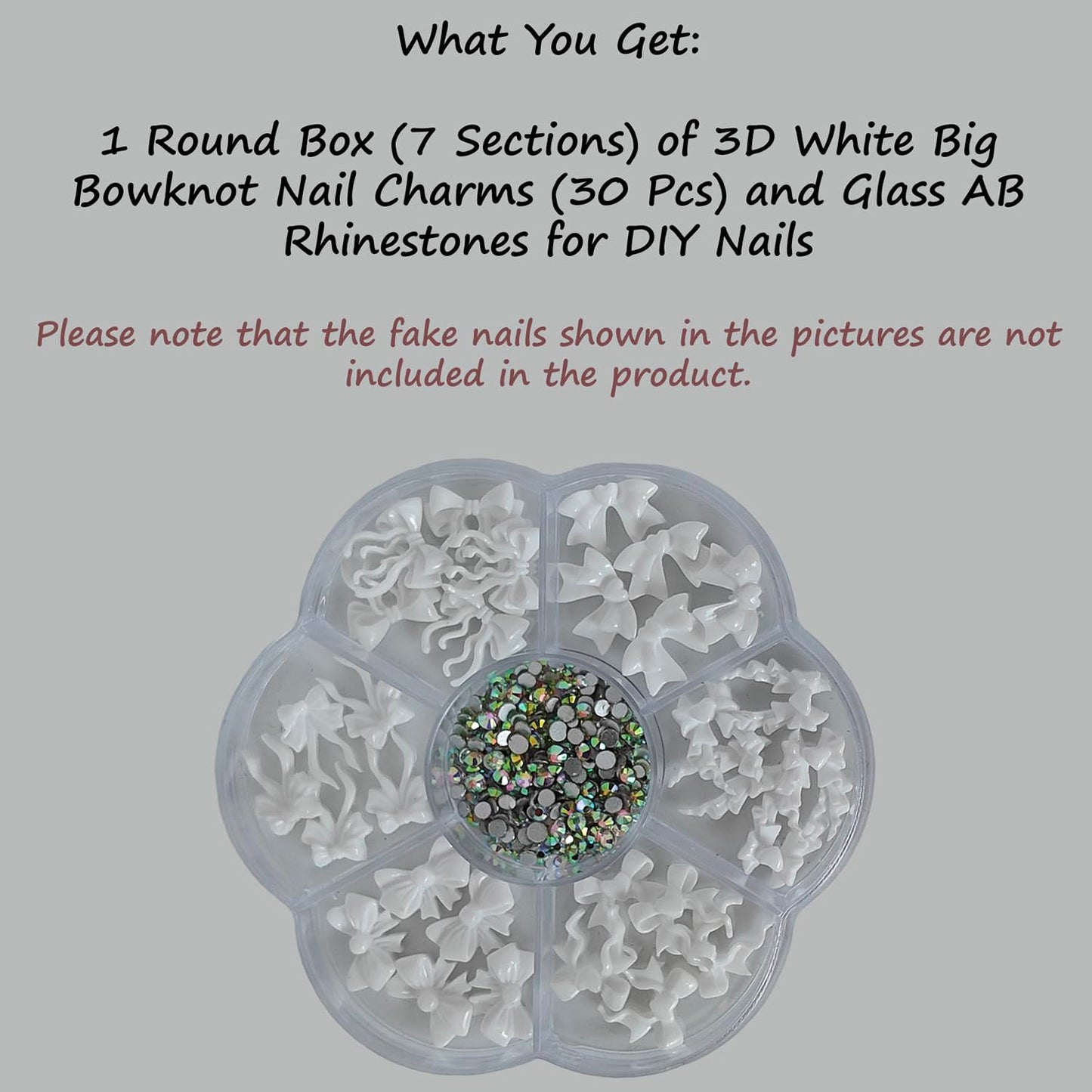 S.A.V.I 3D White Bow Knot Nail Art Charms with AB Rhinestones | Resin Nail Decorations Set | Round 7-Section Storage Box 8.3 cm | DIY Gel & Acrylic Nails (30 Pcs)