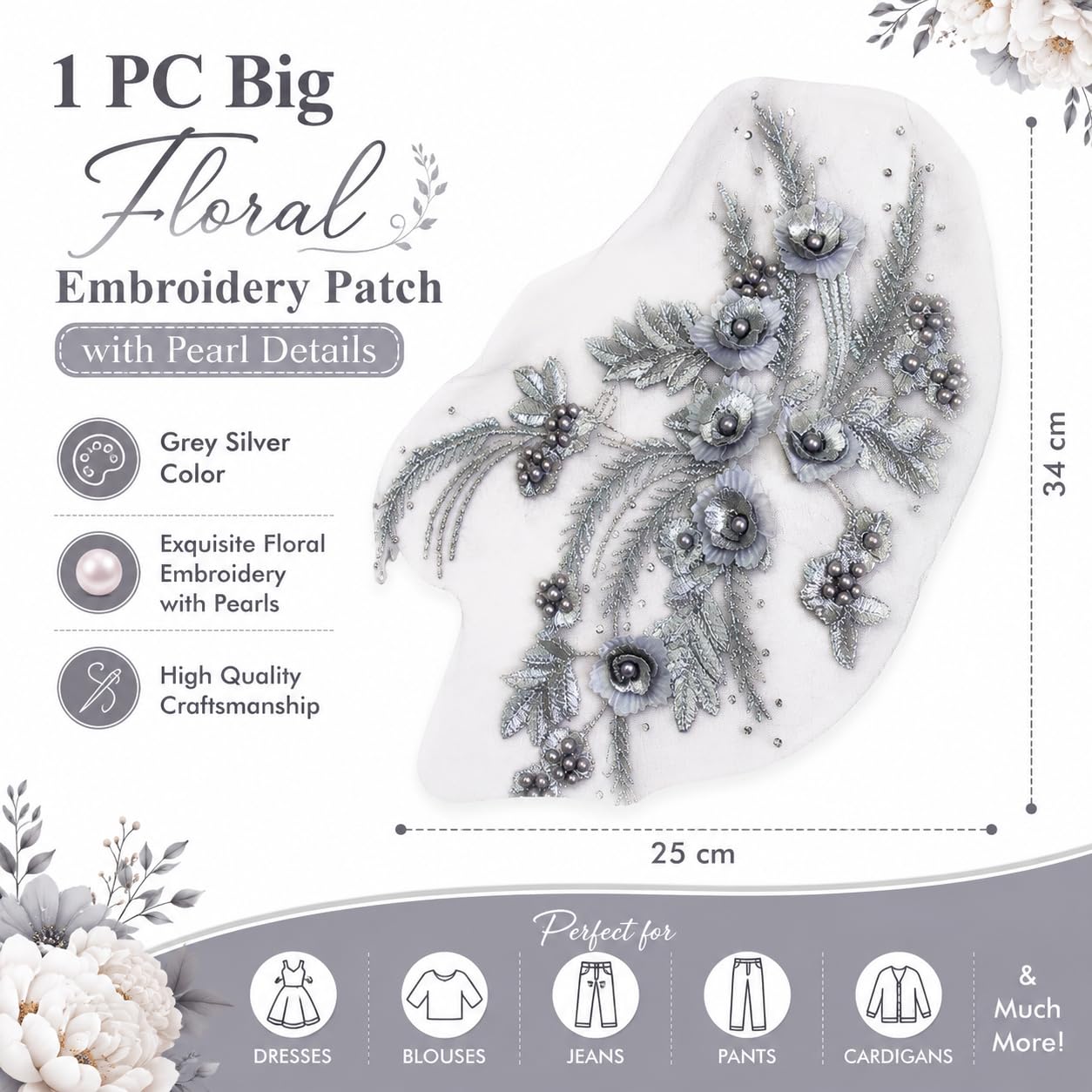 S.A.V.I Floral Embroidery Patch with Pearls Grey Silver 34x25cm|Sew-On Applique, DIY Craft & Bridal, Premium Mesh Design, 1 Piece, For Saree Gown Kurti