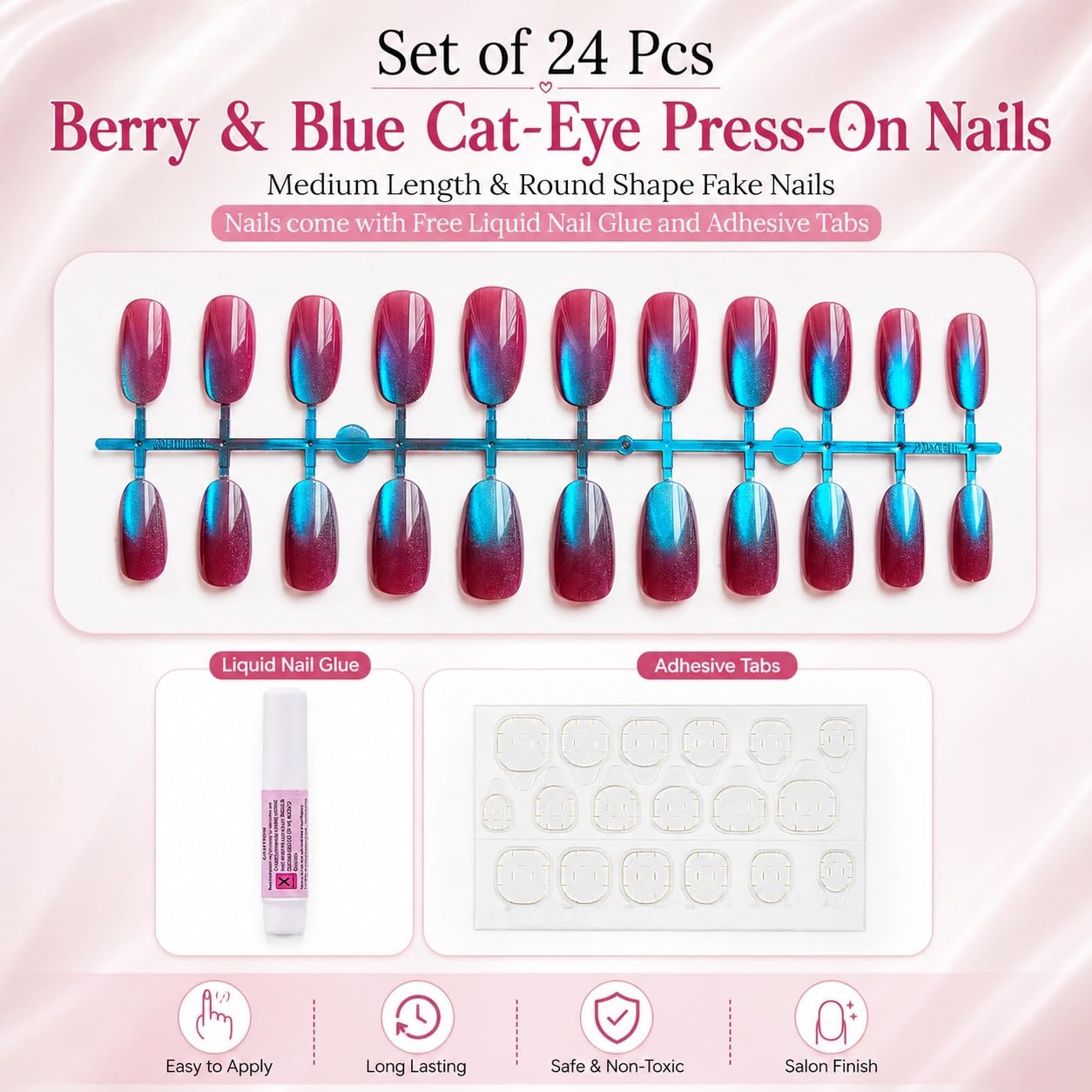 S.A.V.I Press on Nails Berry Blue Medium Round Tips 24 Pcs