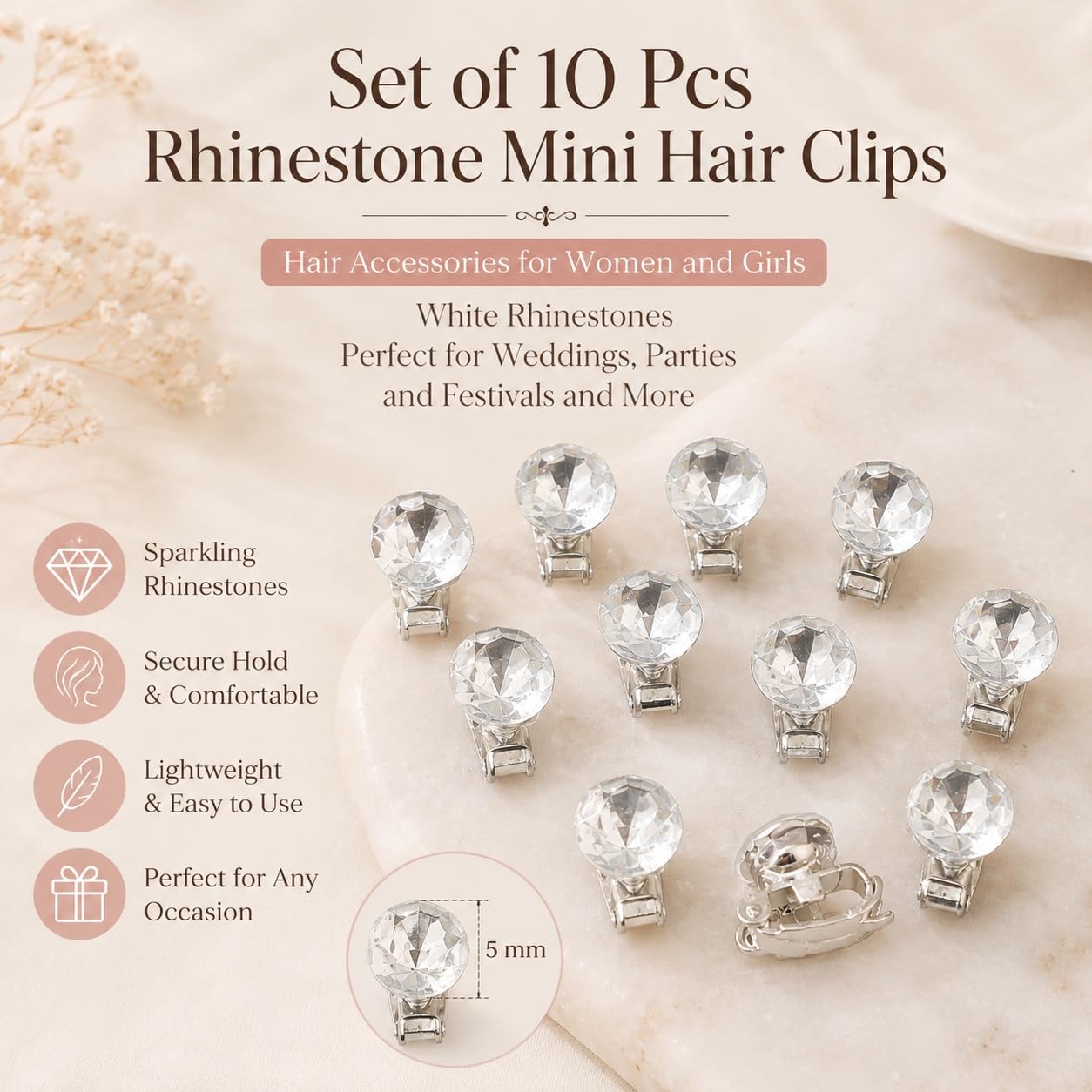 S.A.V.I Rhinestone Mini Hair Clips Set of 10 for Women & Girls | White Crystal Barrettes, 5 mm Size, Lightweight Metal, Secure Grip, Weddings & Parties