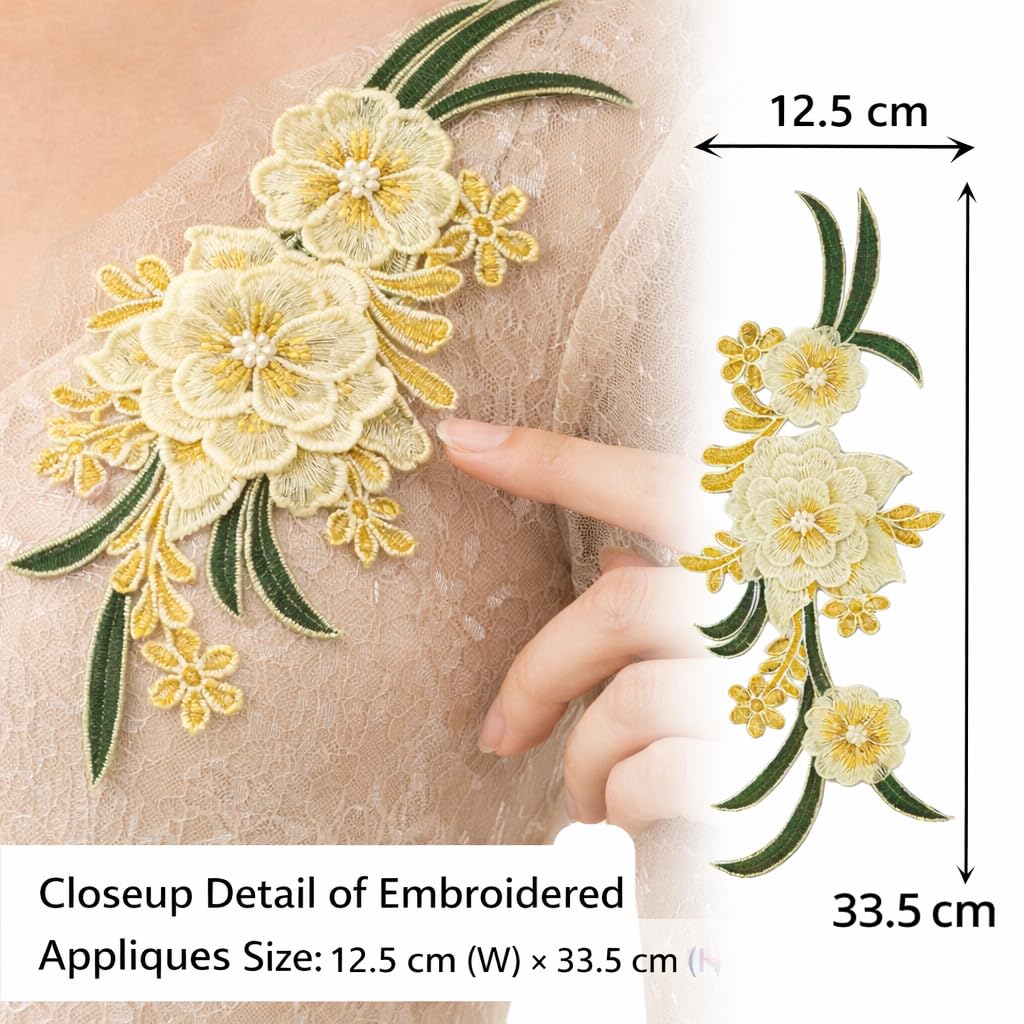 S.A.V.I Pair of Yellow & Gold Embroidered Floral Sew-On Appliqué (12.5 x 33.5 cm) | Fabric Lace Flower Patch for Blouse, Gown, Kurti & Dress Neckline Decor (Yellow-Gold)