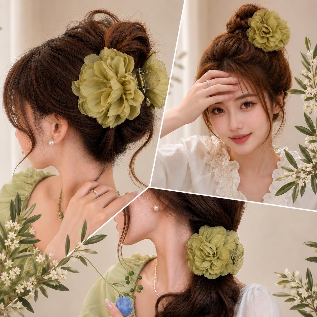 S.A.V.I Floral Hair Claw Clip for Women, Olive Green, 8 cm | Lightweight Mesh, Strong Grip, Everyday Styling, Office & Party Use, Blossom Design