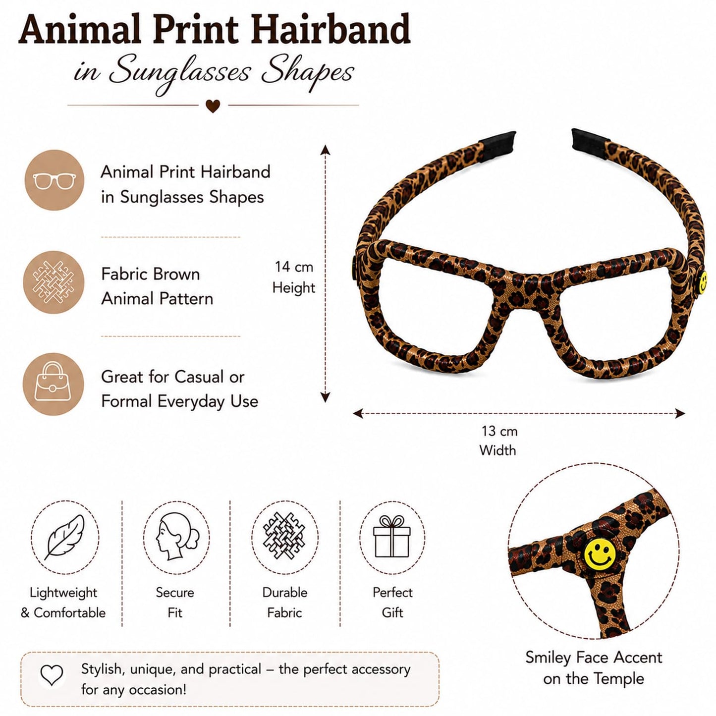 S.A.V.I Leopard Print Hair Band Sunglasses Style for Women, Brown Fabric Headpiece, 14 cm, Lightweight, Secure Fit, Durable, Casual & Party for Girls, Giftable Accessory