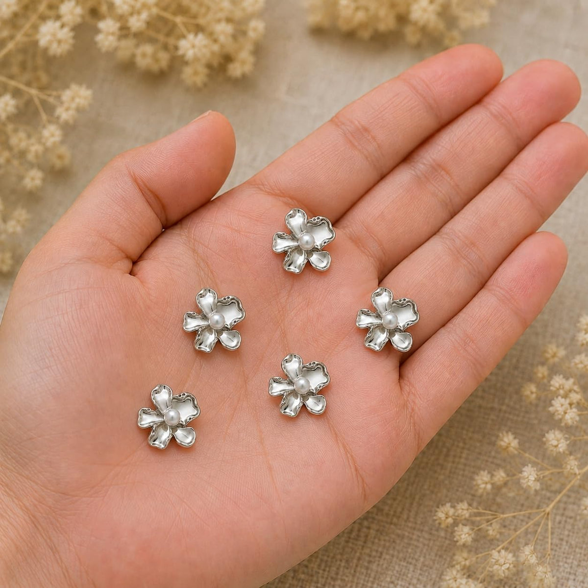 S.A.V.I Floral Pearl Shank Buttons Silver Tone 17.5mm for Blouse | Set of 6, Sculpted Blossom Design, Saree & Lehenga Use, DIY Craft & Sewing, Kurti & Choli
