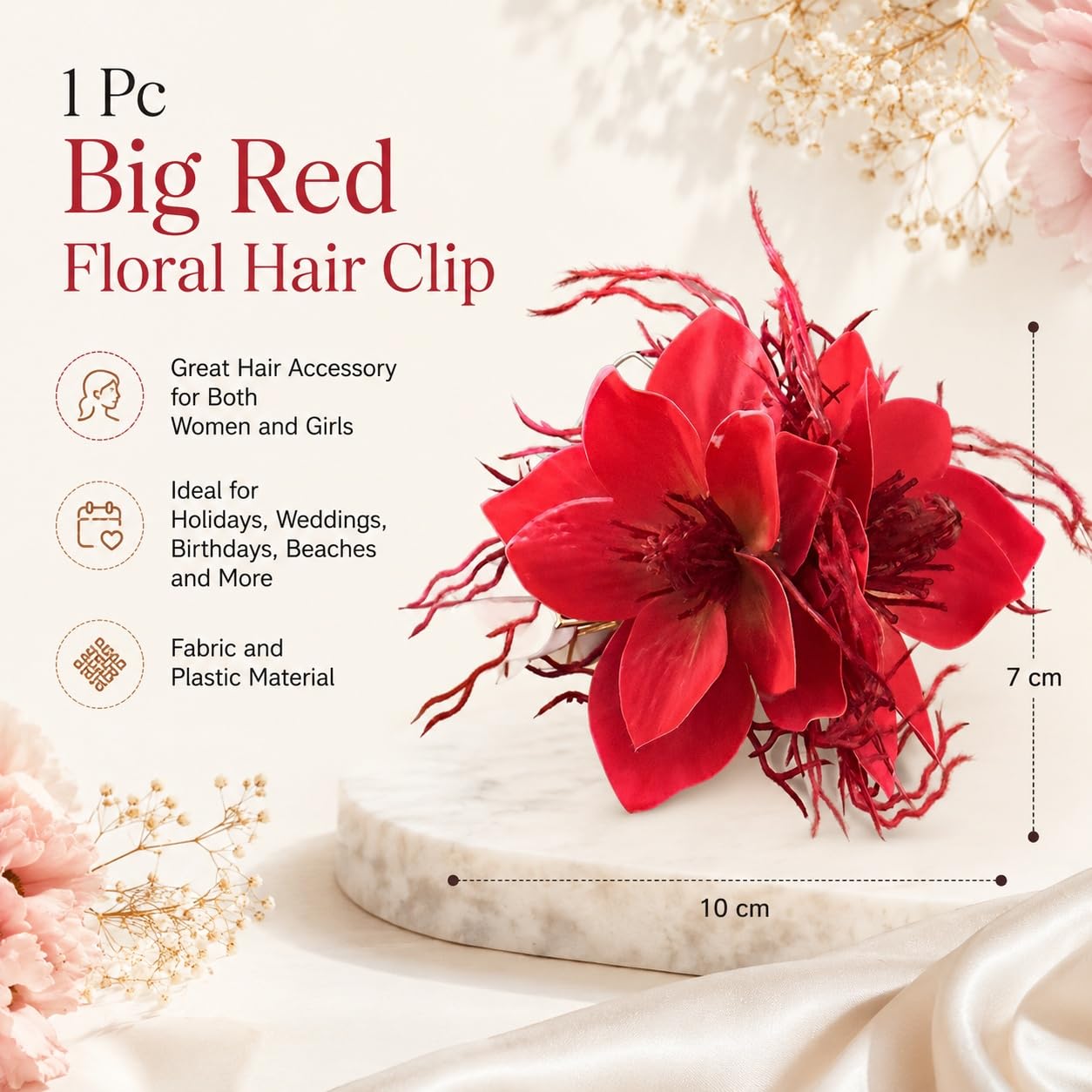S.A.V.I Red Floral Hair Clip Barrette for Women & Girls | 10 x 7 cm Size, Fabric & Plastic Bloom, Bridal & Party Styling, Beach & Festive, Wedding Accessory