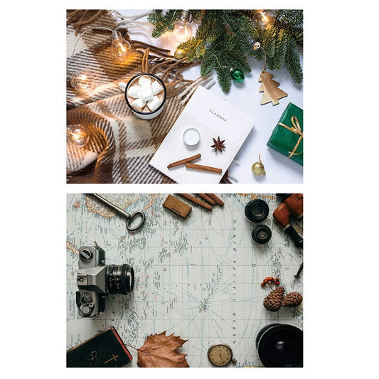 SAVIAURA 1 Sheet 2 in 1 Photography Backdrop 3D Flat Lay Tabletop Double-Sided 22x16 Photo Background PVC Wrinkle-Free for Small Products Food, Cosmetics Shoot (#10-Travel vlog & Planner)