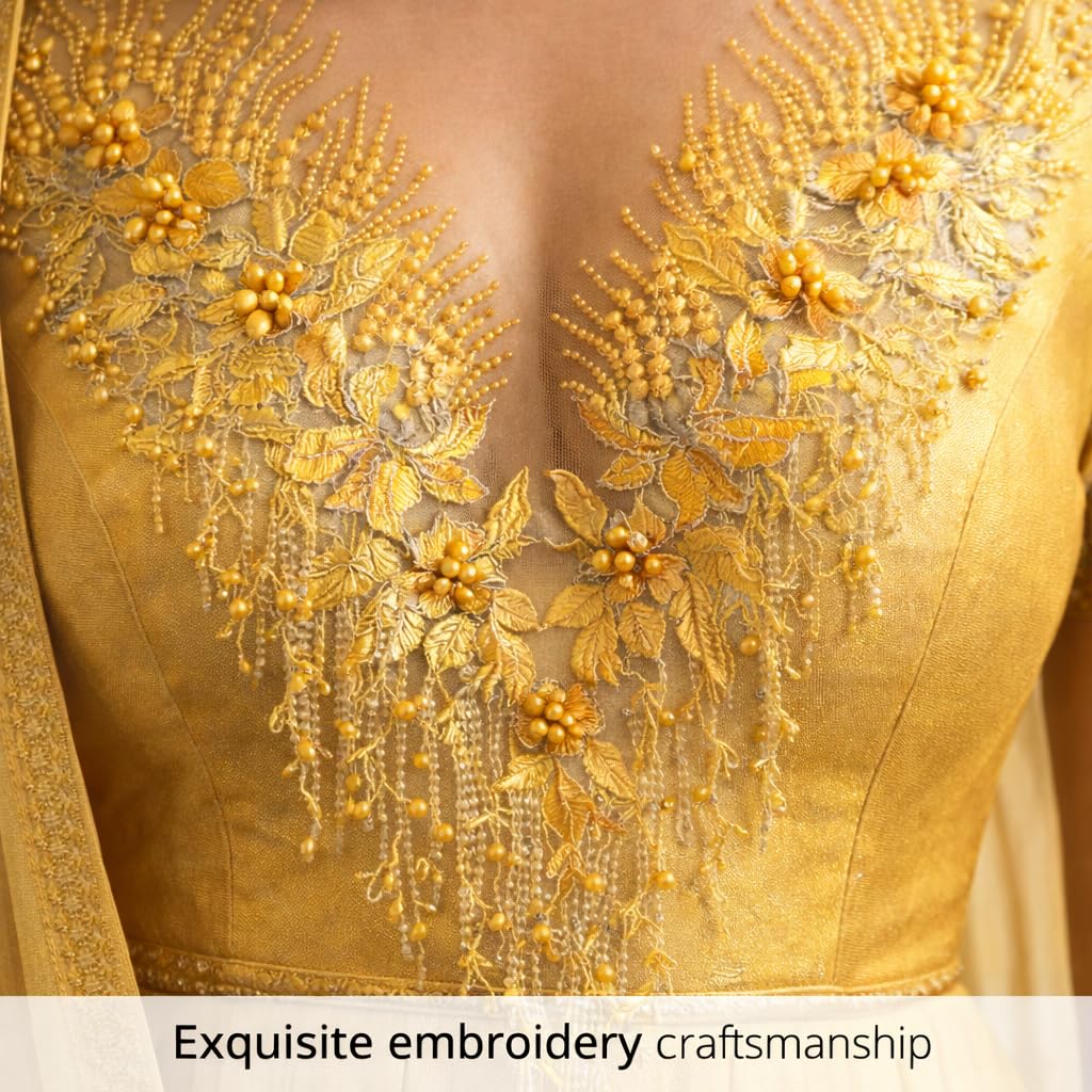 S.A.V.I Golden Yellow Floral Beaded Embroidery Lace Applique Patch 28 x 55 cm | V-Neck Net Mesh Design for Lehenga Choli Blouse, Gown & Designer Ethnic Wear (Yellow)
