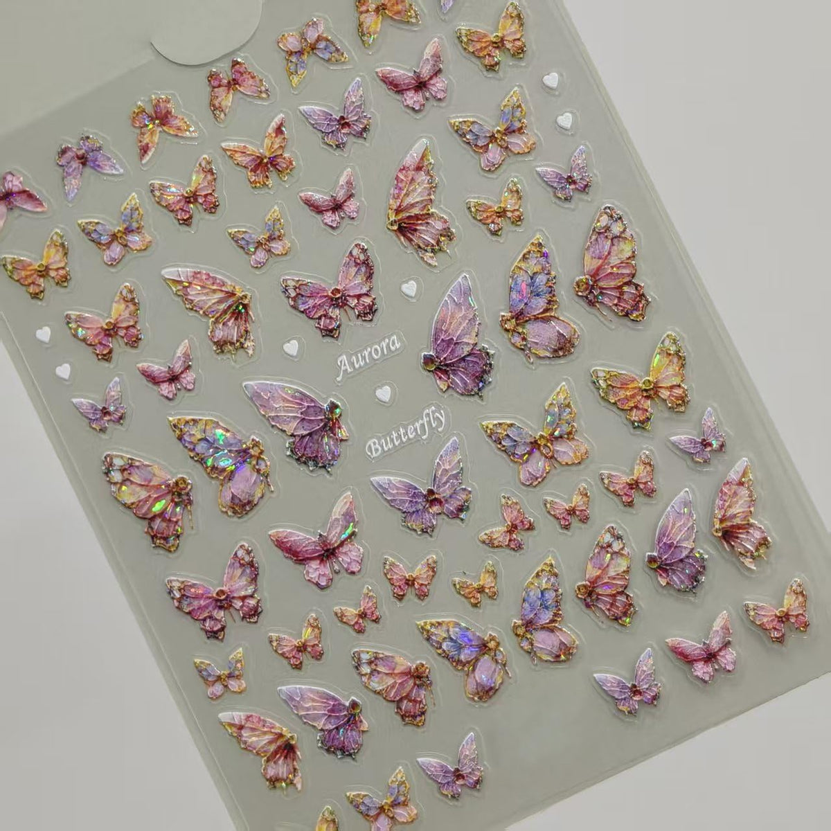 S.A.V.I 3D Butterfly Nail Art Stickers Iridescent Holographic Decals | Set of 2 Sheets, 8 x 10 cm Each, Self Adhesive, Pink Blue Multicolour, Easy Peel and Stick