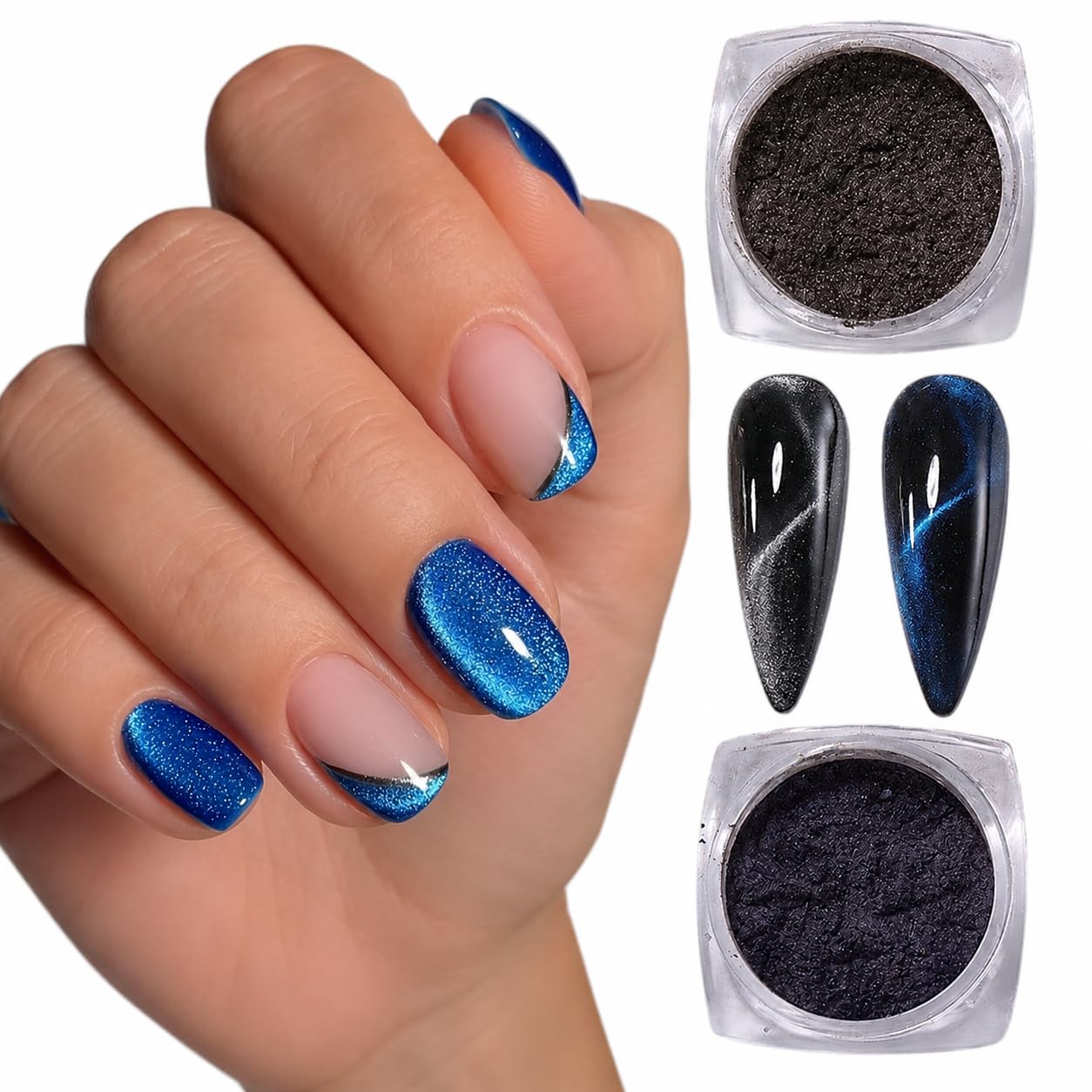 S.A.V.I Cat Eye Magnetic Nail Glitter Powder Silver & Blue 5g x2 | 2 Jars, DIY Nail Art Pigment, Shimmer Finish, Gel Polish Use, Mix 1:1 Ratio