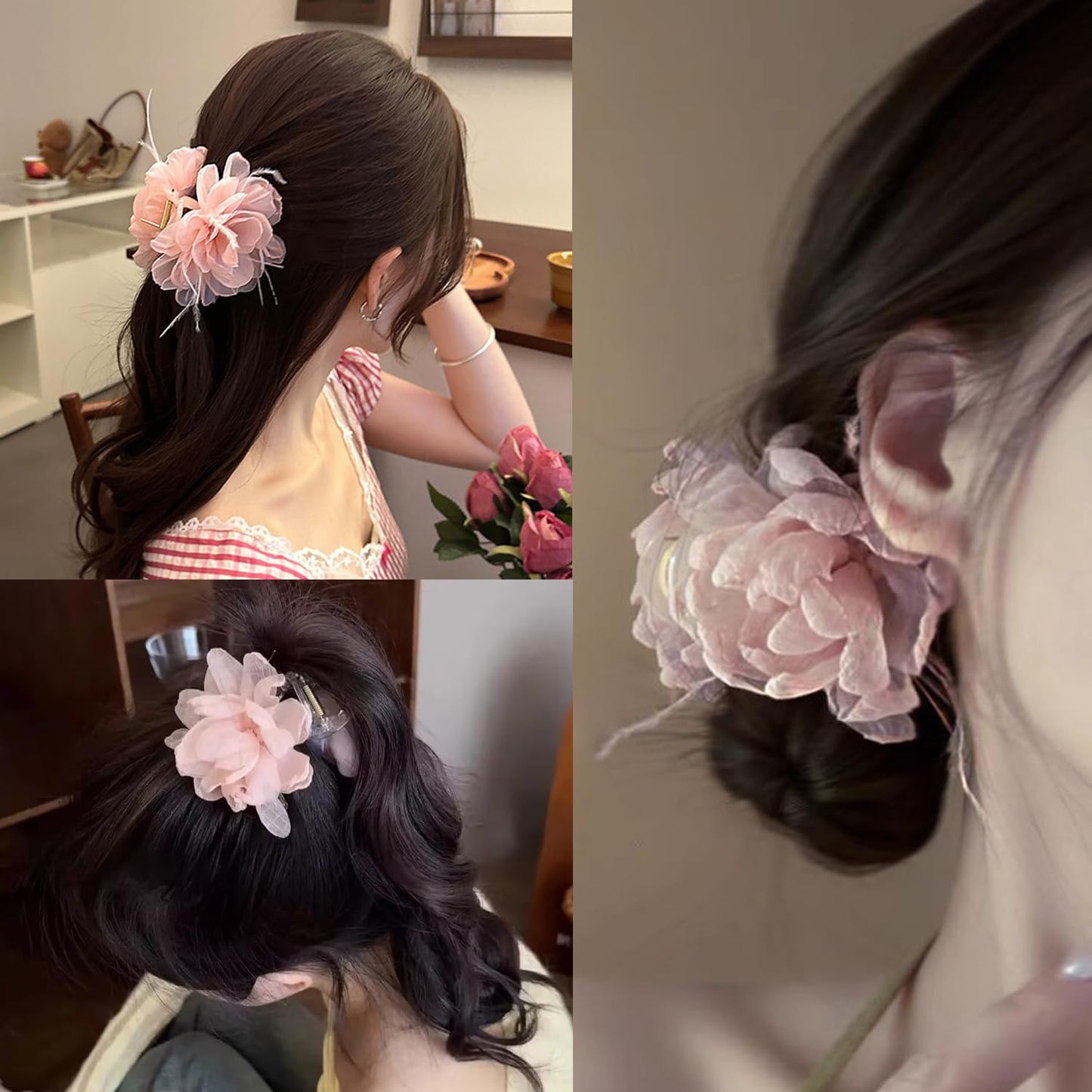 S.A.V.I Baby Pink Floral Hair Claw Clip for Women & Girls, 8 cm Rose Design, Lightweight Net Fabric with Strong Plastic Claw, Korean Style Hair Accessory for Daily, Party & Casual
