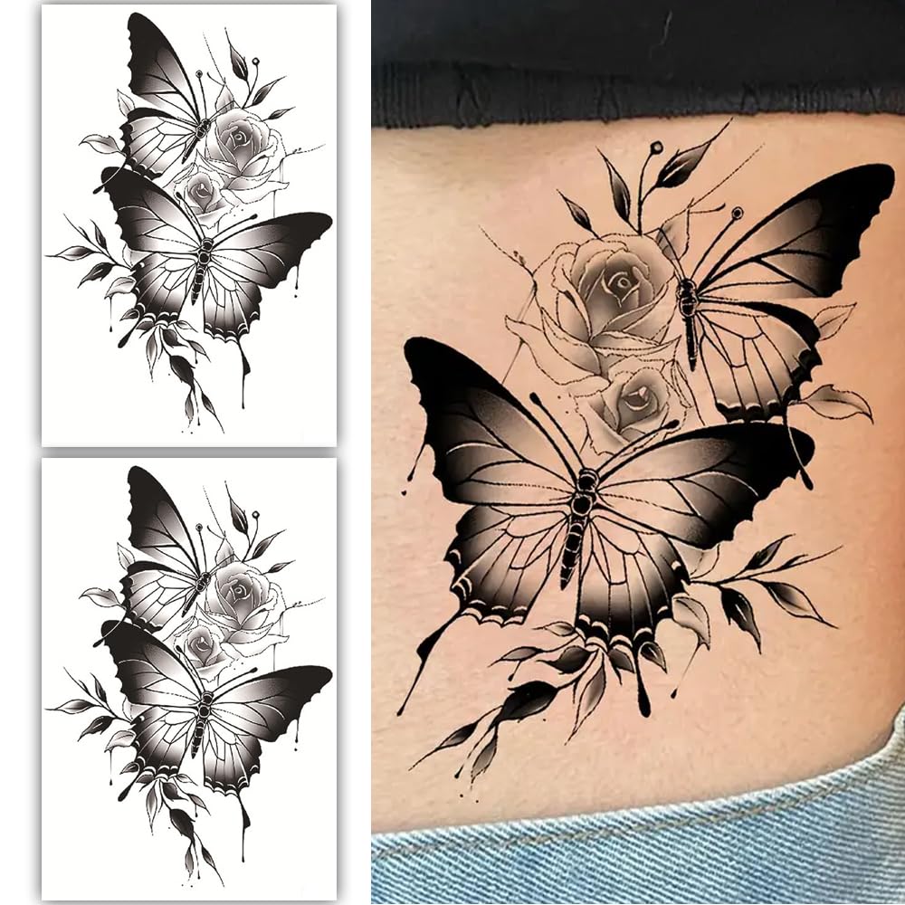 S.A.V.I 2 Sheets Black Butterfly  Rose Temporary Tattoos - Waterproof, Long-lasting, Large 19x12cm | Realistic Floral Body Art for Girls  Women - Perfect for Parties  Events