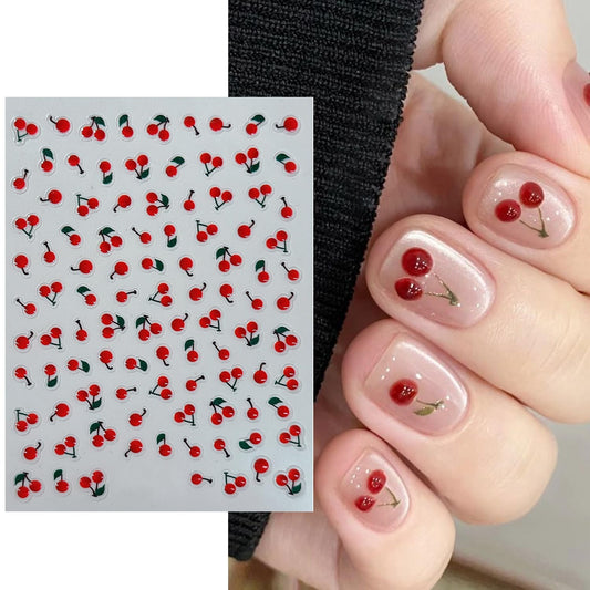 S.A.V.I 1 Sheet - 3D Jelly Cherry Nail Stickers 10x8 cm | Bright Red Cute Fruit Design | Self Adhesive DIY Nail Art Decals | Glossy Resin Manicure Accessories for Women & Girls