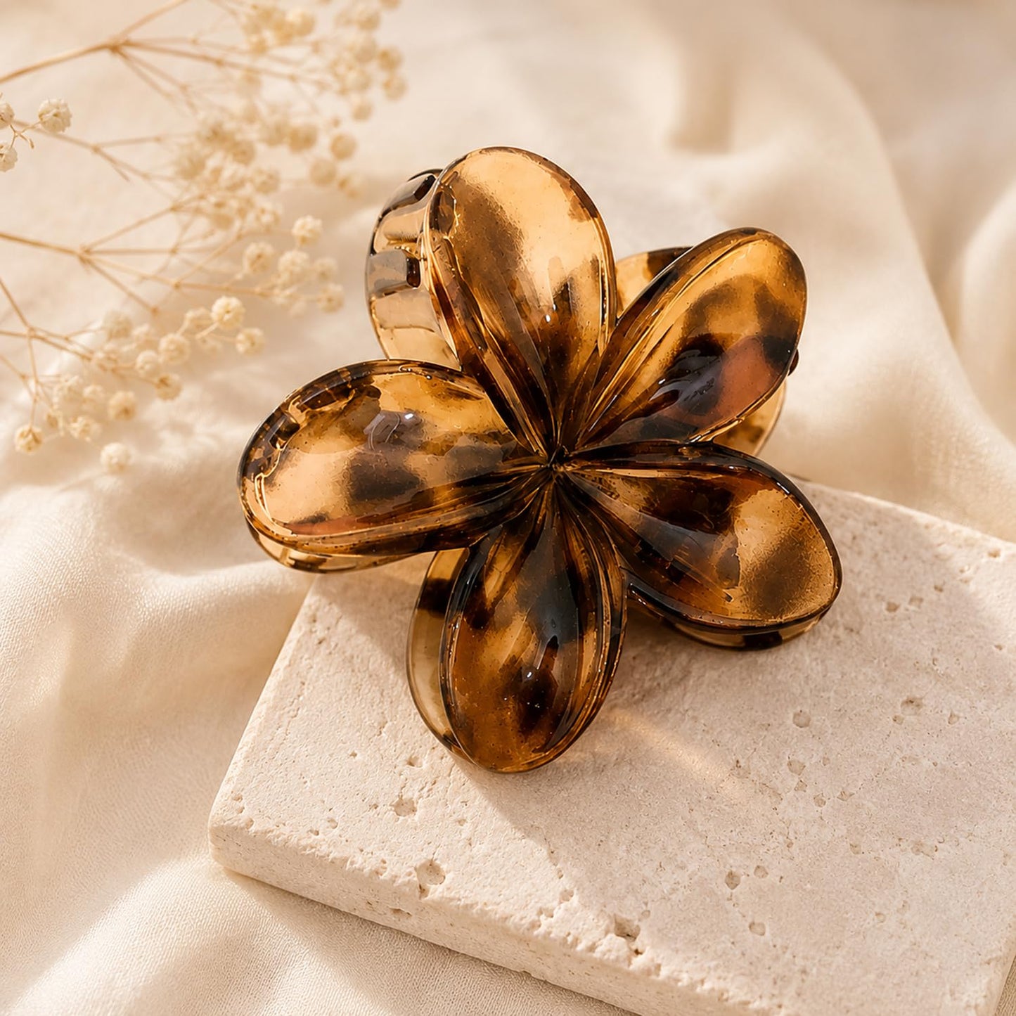 S.A.V.I Hair Claw Clips Set of 3, Bow Flower & Shell, 7-8 cm, Brown Tortoise & Pink, Strong Acrylic Grip for Thick & Medium Hair, Everyday