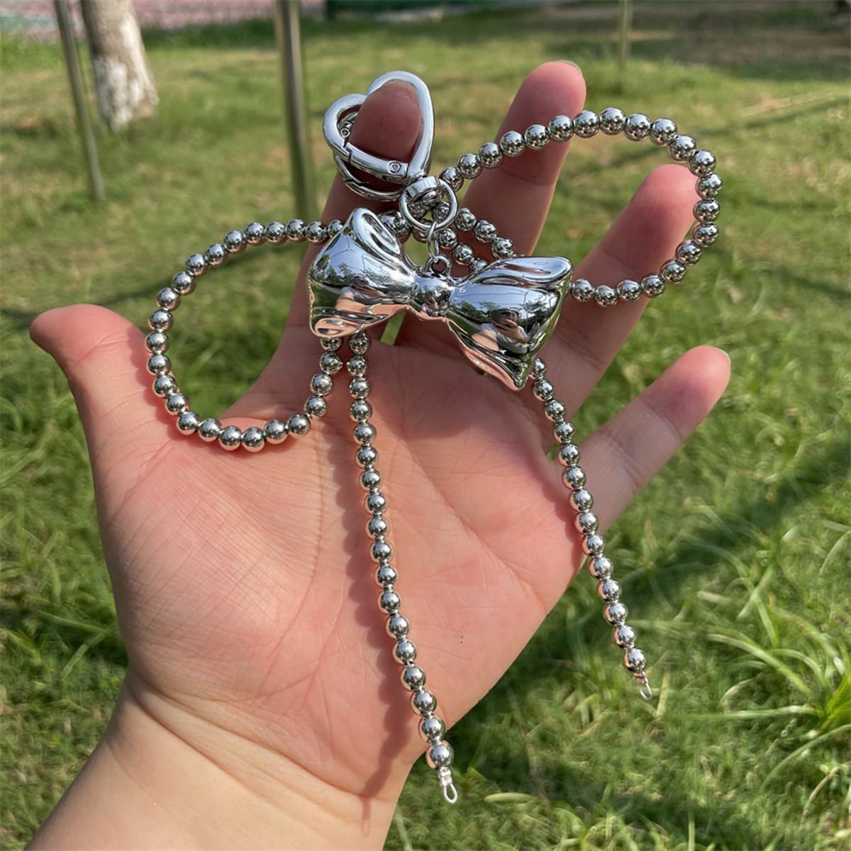 S.A.V.I Silver Bow Keychain with Beaded Chain for Bags and Keys, Set of 2, 17.5 x 6 cm Size, Heart Clasp, Chrome Finish, Big Bead Chain, Bag Charm