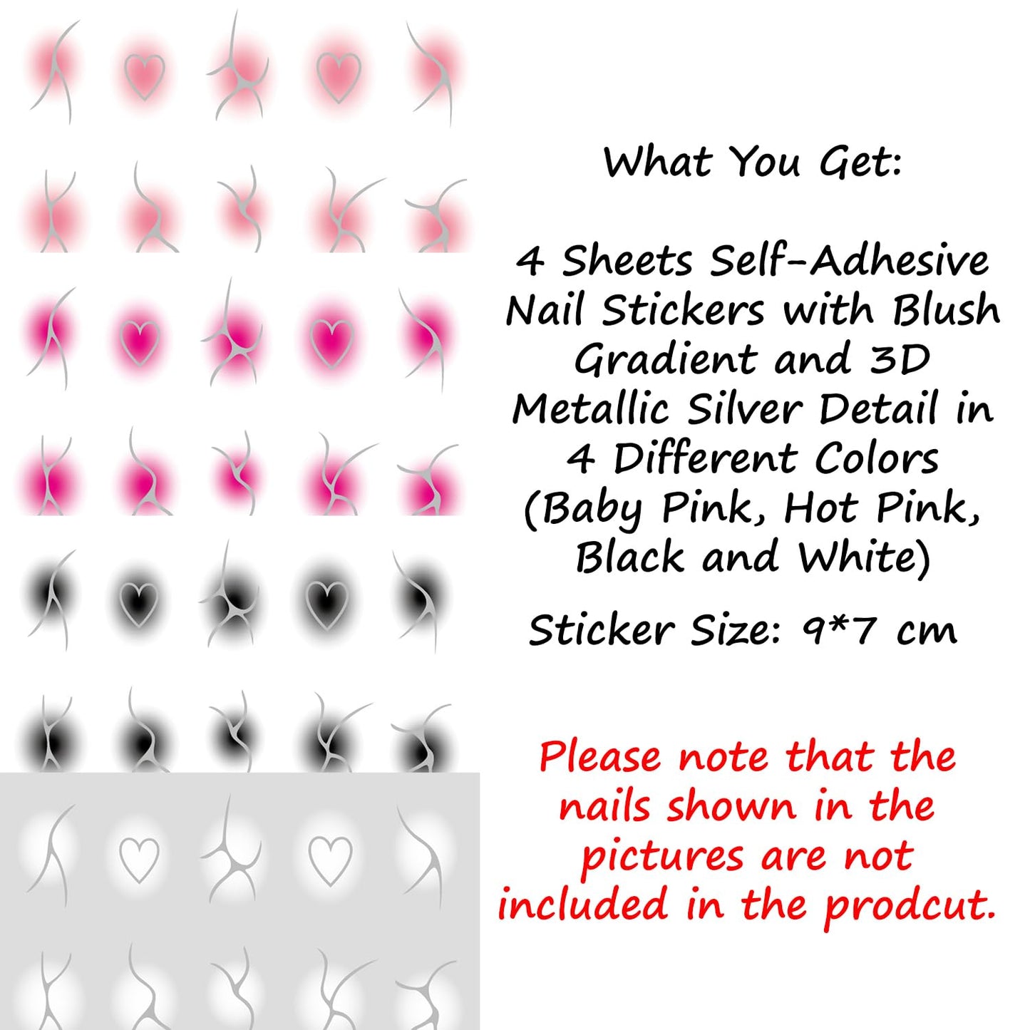 S.A.V.I 4 Sheets - 3D Self-Adhesive Nail Art Stickers | Blush Gradient with Metallic Silver Lines | Baby Pink, Hot Pink, Black & White | Heart & Abstract Designs