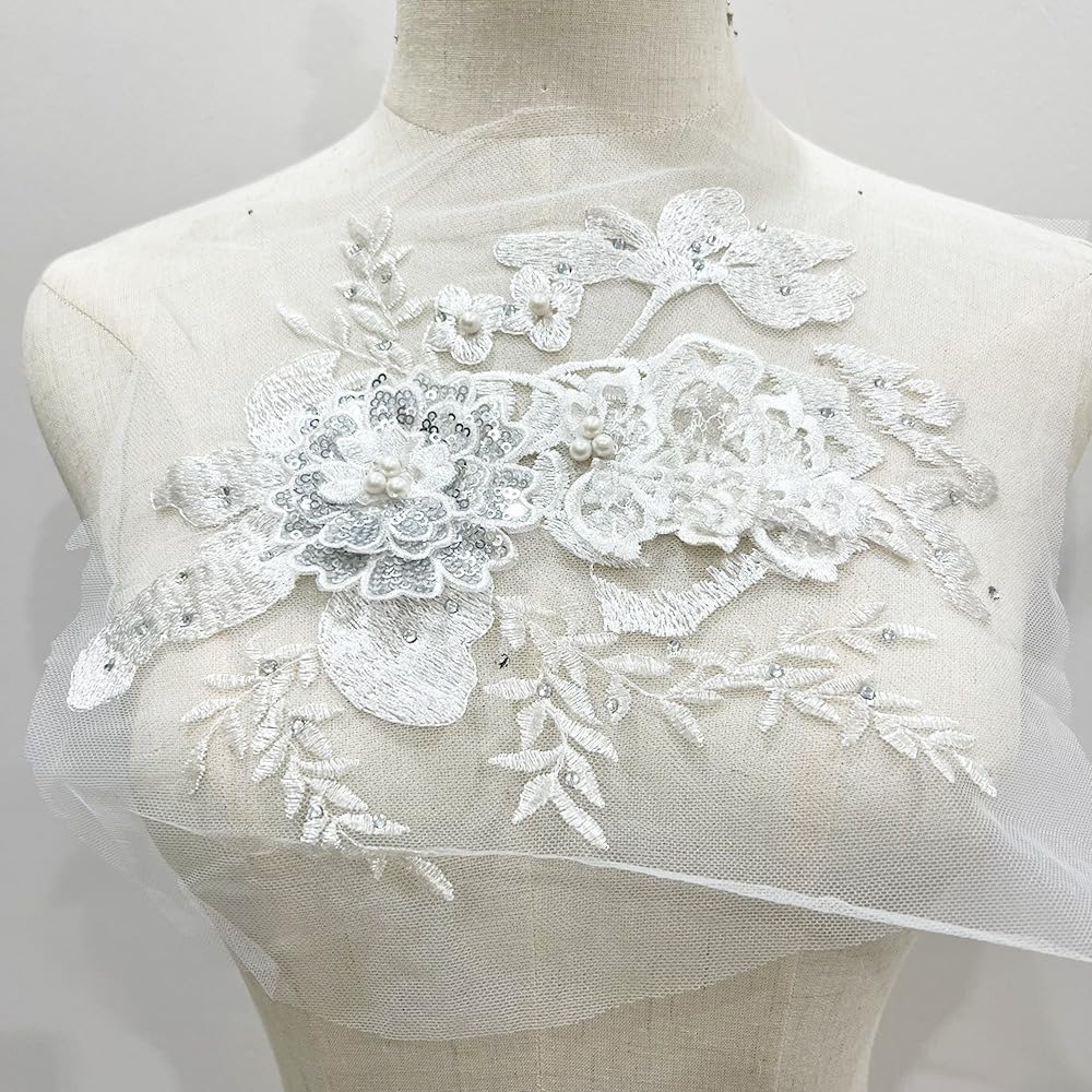 S.A.V.I 3D White Floral Embroidered Applique Patch | Pearl  Sequin Beaded Mesh Lace | 9.8x7.8 in | DIY Sewing for Bridal, Saree, Lehenga, Gown, Blouse, Dupatta  Ethnic Wear | Craft  Decor