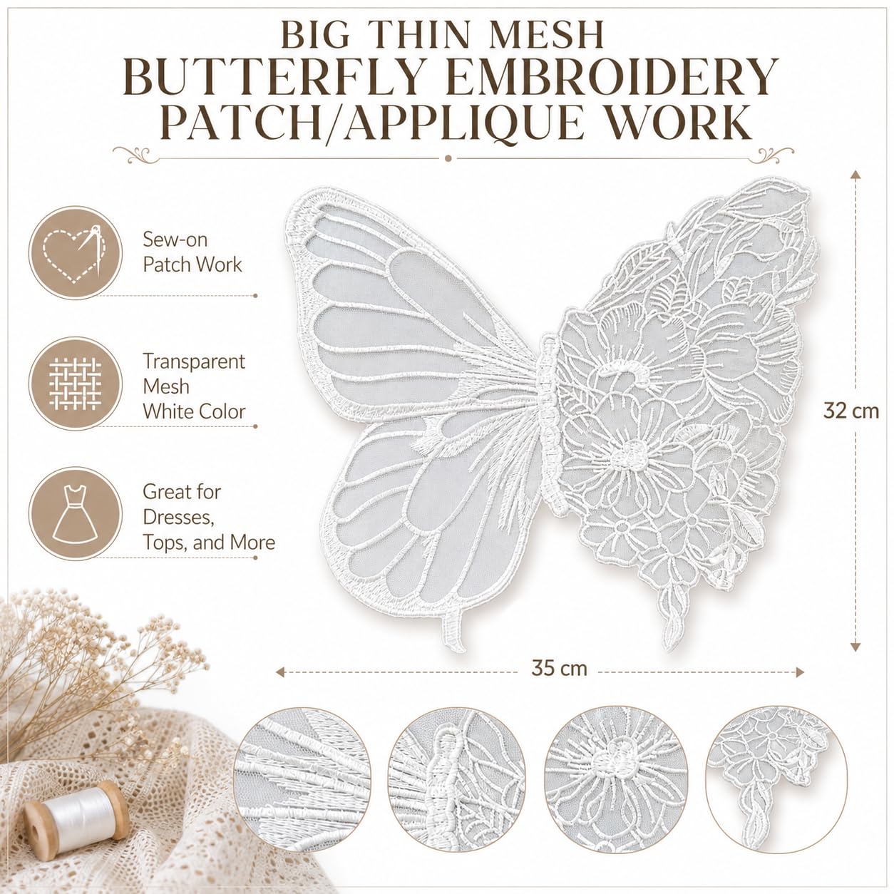 S.A.V.I Butterfly Floral Embroidery Sew-On Patch White Mesh 35x32cm|Floral Lace Motif for Dresses, Blouses & Gowns, Premium Fabric, DIY Clothing Repair & Customization, Women Craft Accessory