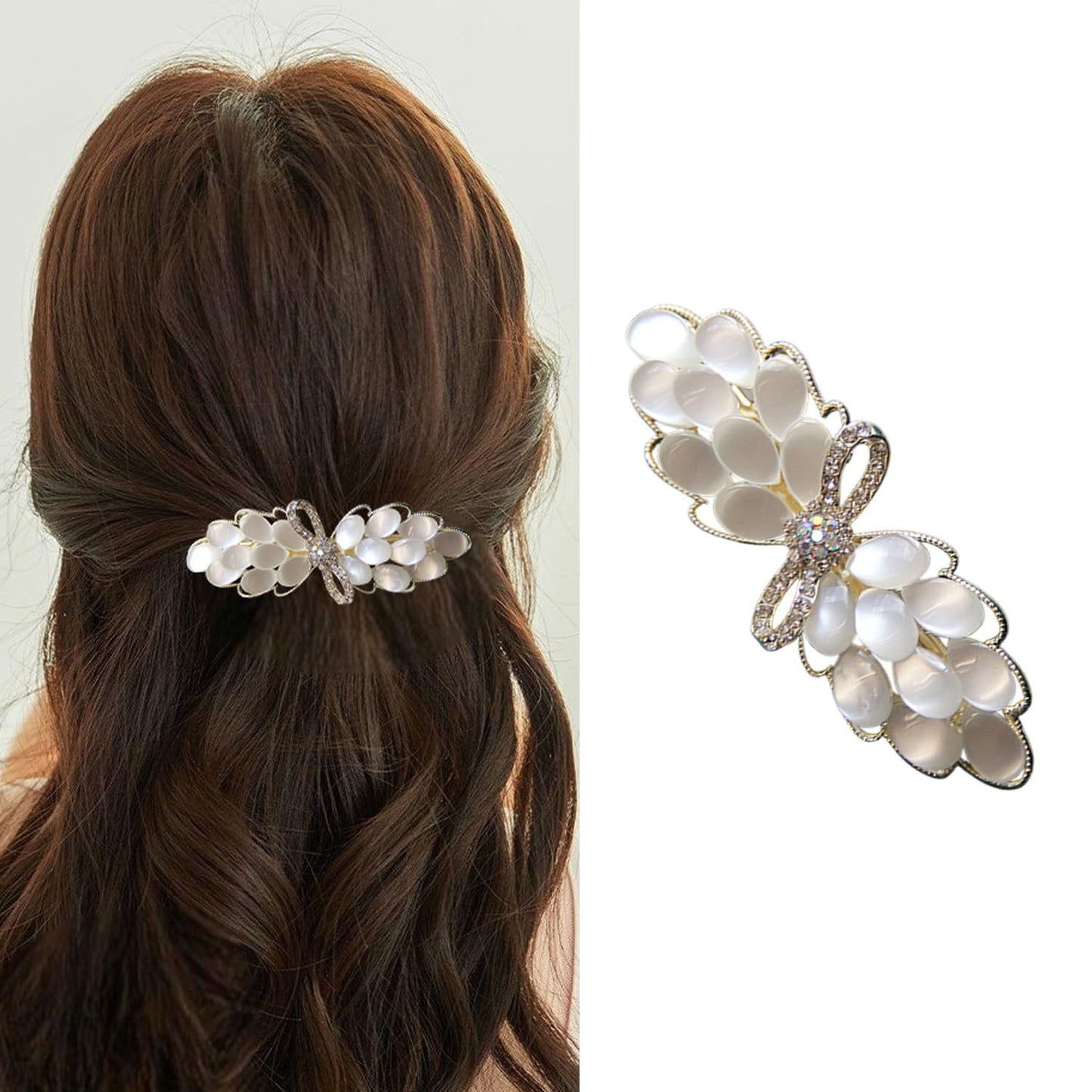 S.A.V.I White & Gold Floral Hair Barrette Clip for Women, Rhinestone Pearl Petal French Metal Hair Pin, Elegant Party Wedding Daily Wear Hair Accessory for Girls & Women, 7 cm