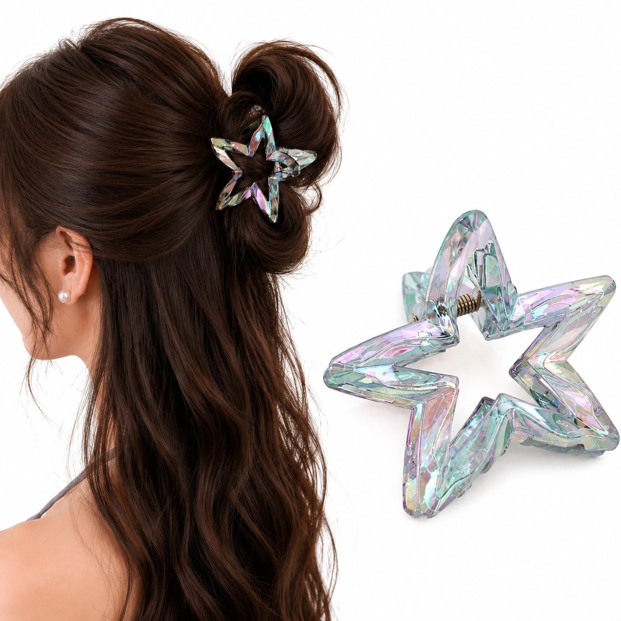 S.A.V.I Hair Claw Clip for Women Iridescent Star Grey 7 cm | Resin Material, Strong Grip, Casual & Party Use, Lightweight, For Girls