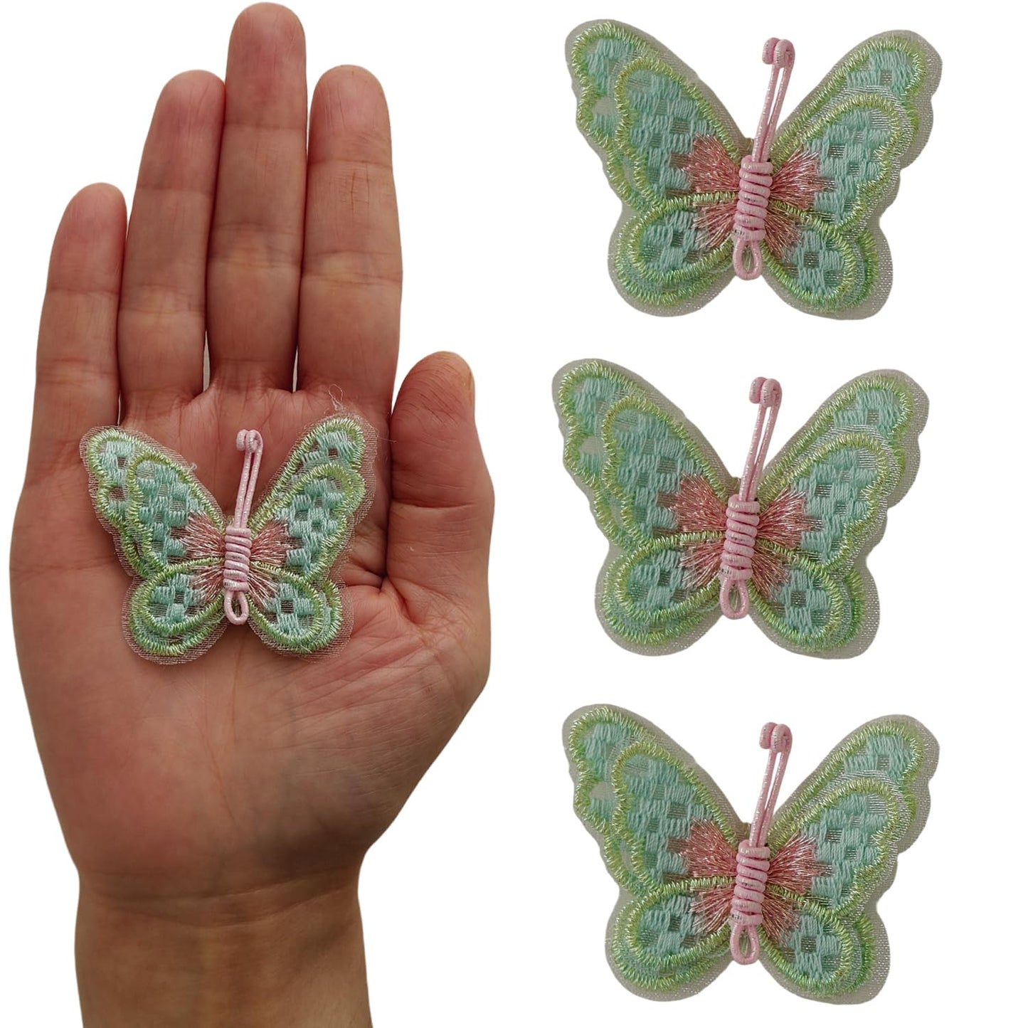 S.A.V.I 3 Pcs Sew-On Butterfly Embroidered Patch | Mint Green & Pink Thread Work Fabric Appliqué 5.2 x 4.4 cm | Ideal for Dresses, Kids Wear, DIY Craft & Garment Decoration (Green)