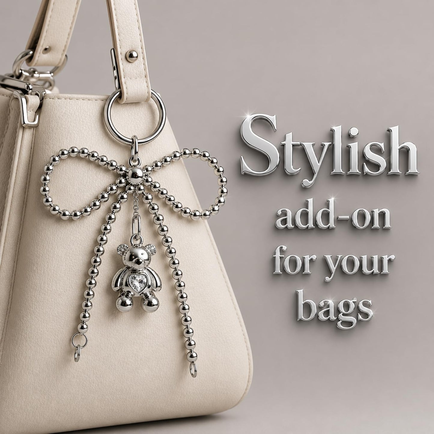 S.A.V.I Big Bow Teddy Bear Keychain for Women, Chrome Silver, Sparkling Heart Pendant, Beaded Metal Finish, Bag & Key Charm, 15 cm Length, Ideal for Girls