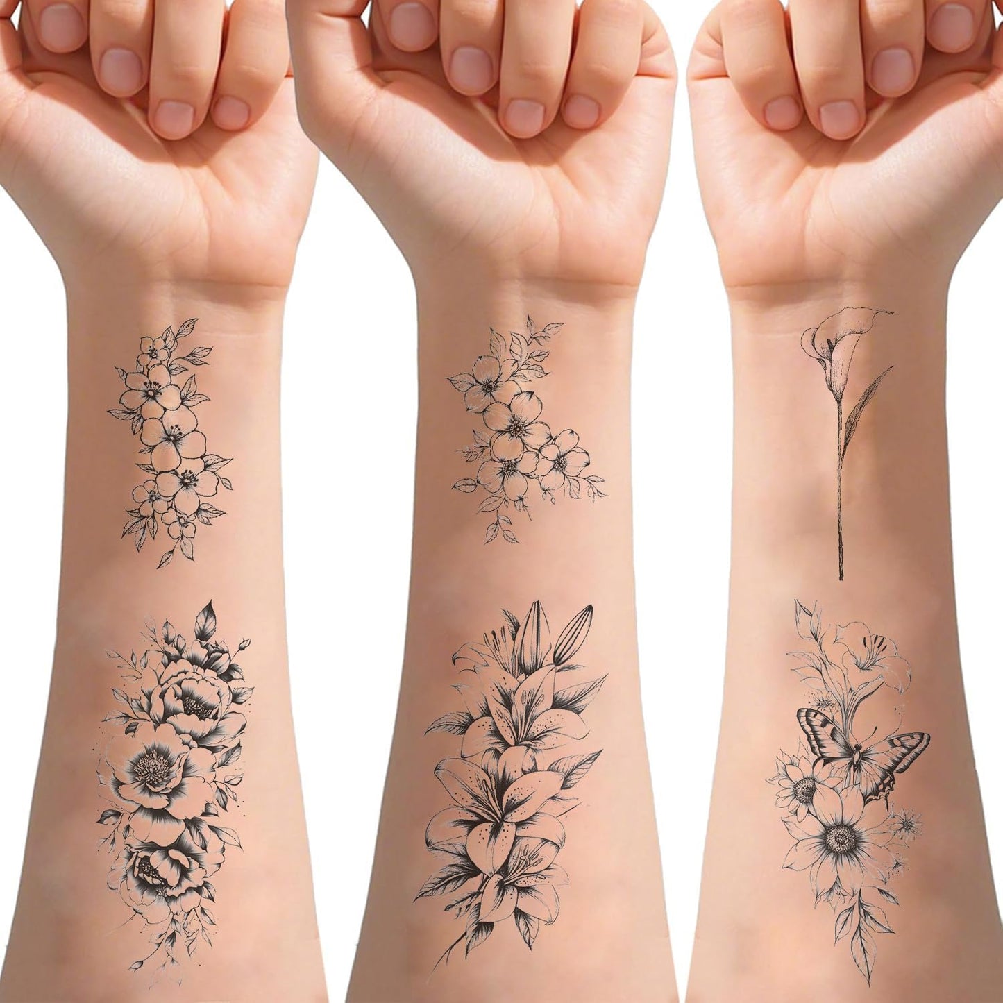 S.A.V.I 10 Sheets Black Floral Temporary Tattoos for Women & Kids | Waterproof Non-Toxic Body Art Stickers | Long-Lasting Skin-Friendly Tattoo for Arm, Wrist, Hand | Easy to Apply & Remove