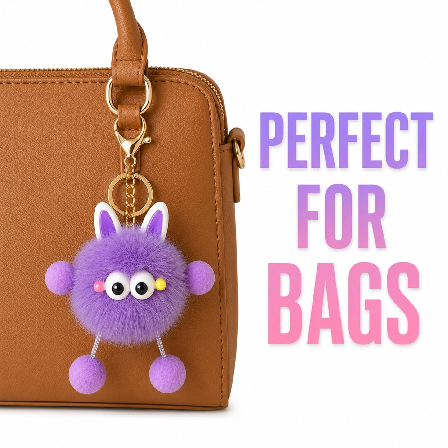 S.A.V.I Pom Pom Plush Keychain for Women Girls Faux Fur Purple, Kawaii Bunny Design, 14 cm, Lightweight Faux Fur Accessory for Handbags, Backpack, Purse & Keys, Gift Choice
