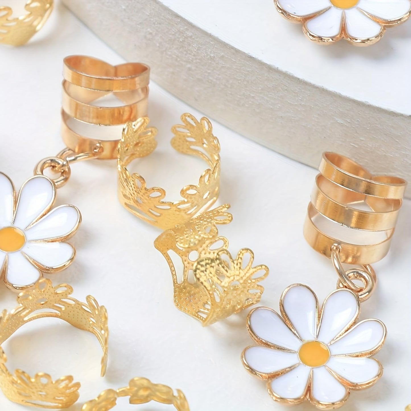 S.A.V.I 45 Pcs Daisy Flower Hair Braid Rings Set for Women & Girls, Gold Metal Dreadlock Cuffs with White Floral Charms, Boho Braiding Accessories for Braids, Locs, Ponytails & Hair Styling