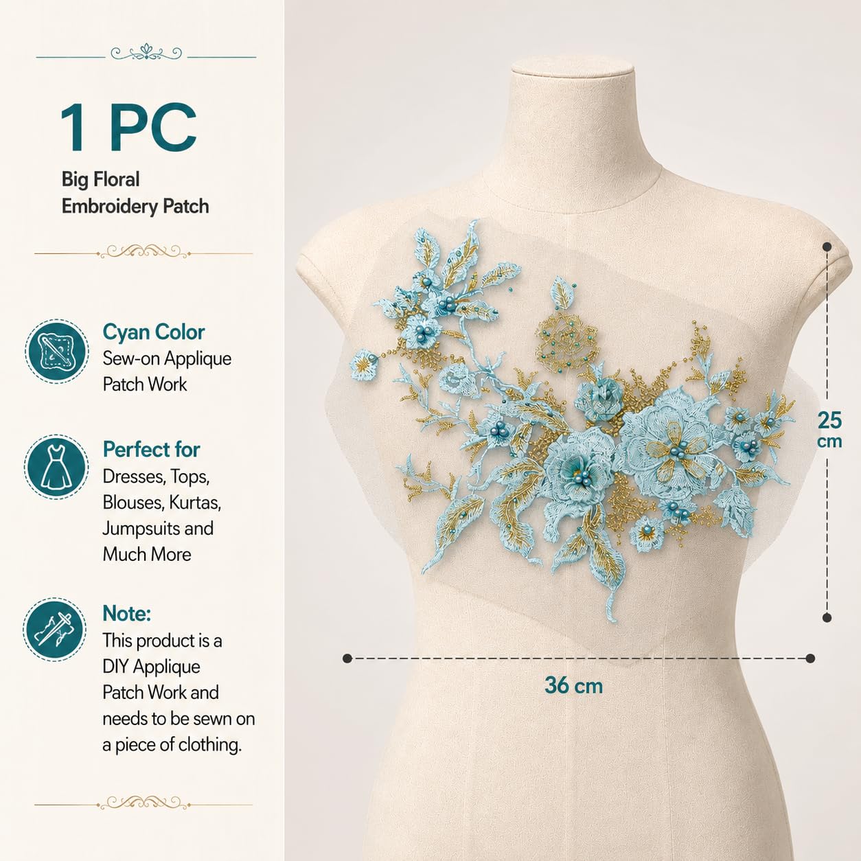 S.A.V.I Floral Embroidery Applique Patch Sew-On Cyan 36x25 cm|DIY Lace Motif With Beadwork For Dresses, Kurtas, Blouses & Tops; Custom Garment Embellishment, 1 Piece