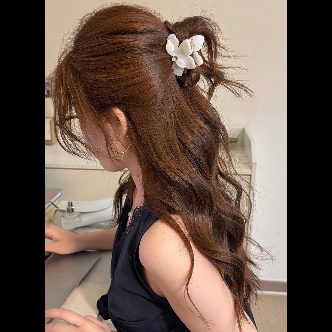 S.A.V.I Mermaid White Butterfly Hair Claw Clip 5.5 cm with Rhinestone Accent, Iridescent Acrylic Floral Design, Strong Grip Hair Accessory for Women & Girls, Half-Up Hairstyle