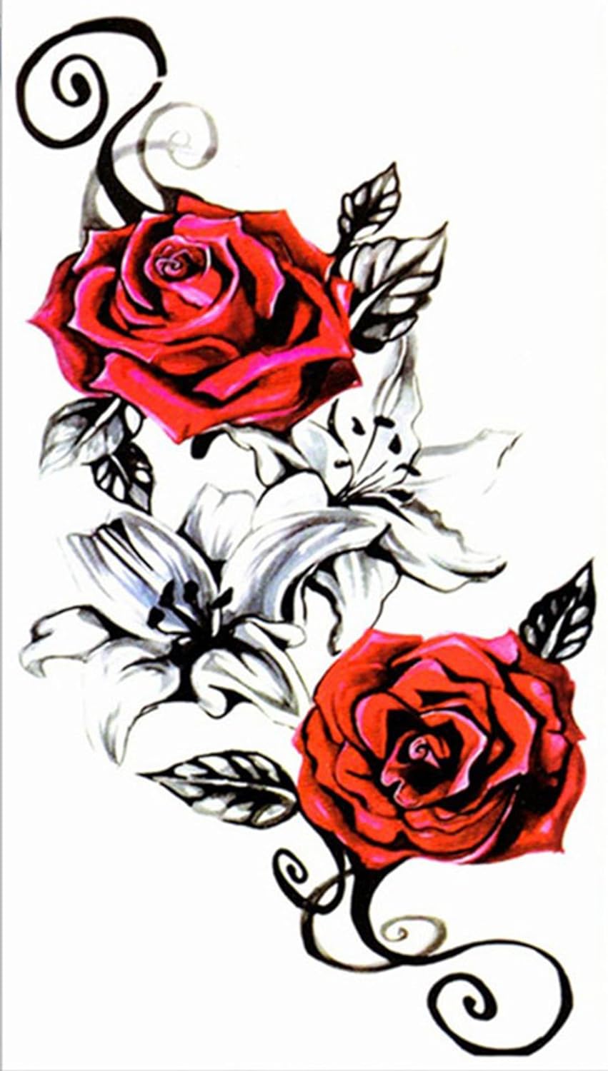 S.A.V.I Temporary Tattoo For Girls Men Women 3D Red Rose Sticker Size 21x15CM - 1PC.