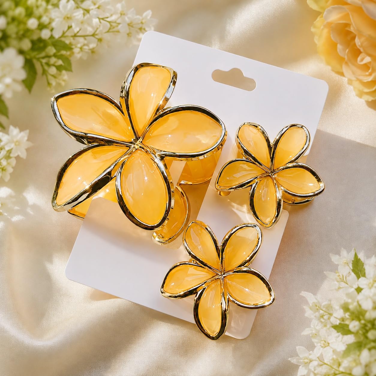 S.A.V.I Floral Hair Claw Clips in Light Orange, Set of 3 | 1 Large + 2 Small, Resin Finish, Strong Grip, All Hair Types, Party & Casual Wear