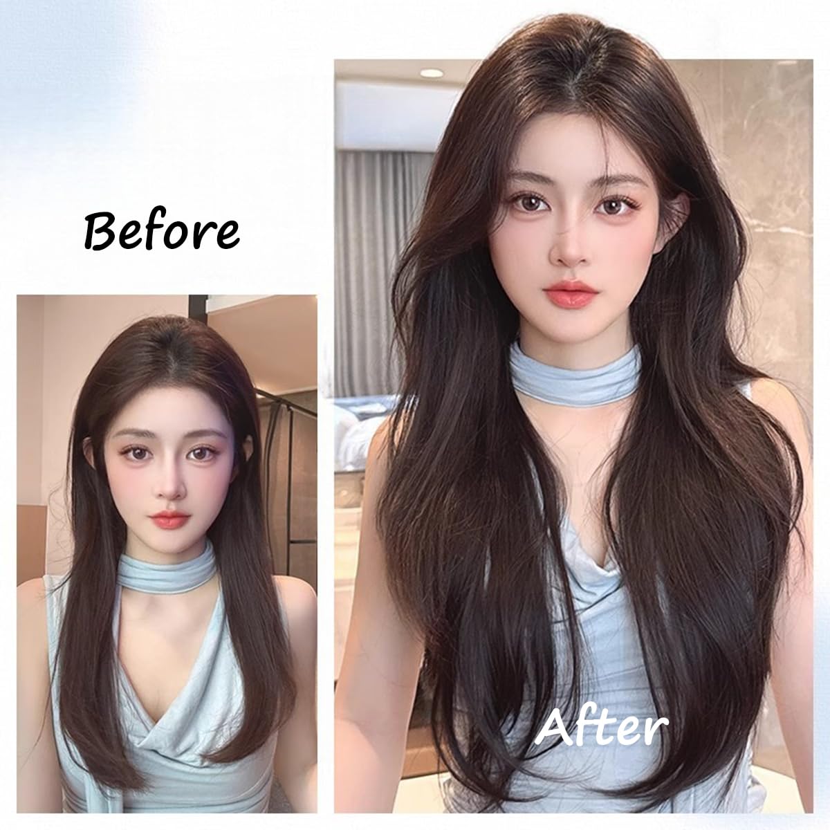 S.A.V.I Natural Black U-Part Hair Extension 60 cm Long, V-Shape Clip-In Crown Topper for Women, Heat-Resistant Synthetic Fiber Hairpiece with Secure Grip Clips, Long Wavy Voluminous Hair