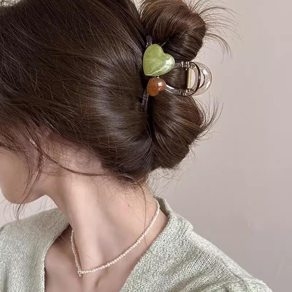 S.A.V.I Trendy Acrylic Hair Claw Clip for Women & Girls – Green & Brown Heart Design Clutcher, 8cm Medium Size – Strong Grip Stylish Hair Accessory for Daily & Party Look