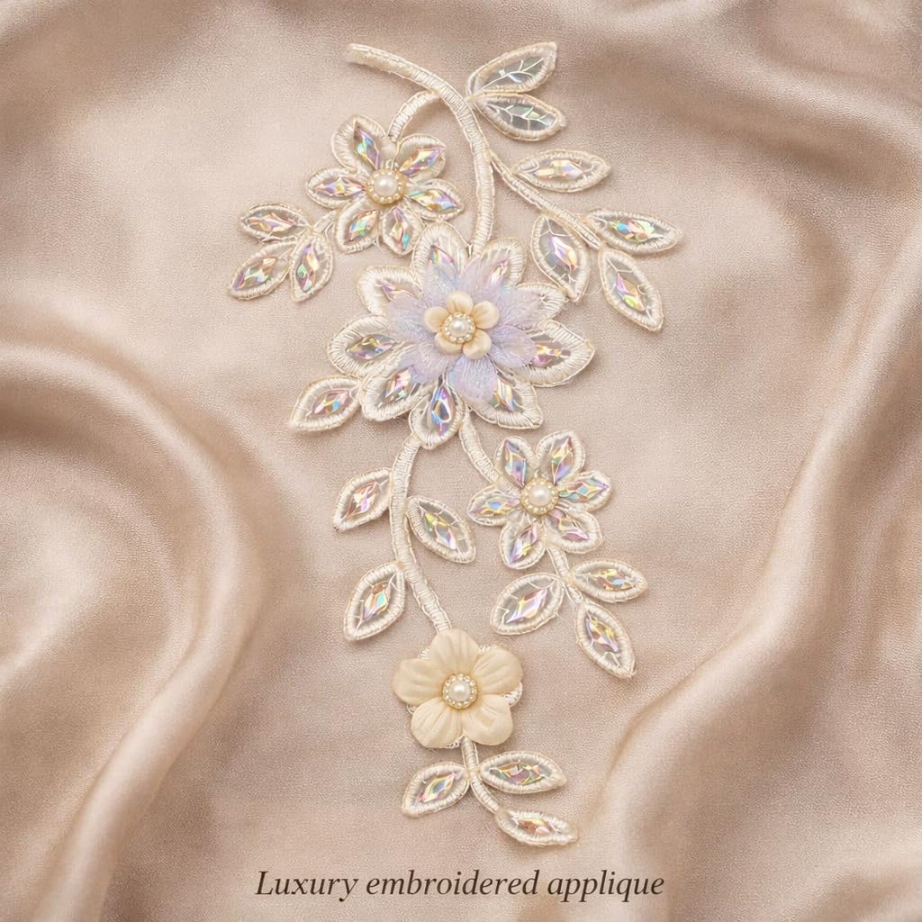 S.A.V.I Silver & Pastel Floral Sew-On Appliqué Patch, 3D Beaded Crystal Leaf Design, 14 x 27 cm Net Fabric for Saree, Kurti, Gown & Dress Decoration (Left, Silver, OneSize)