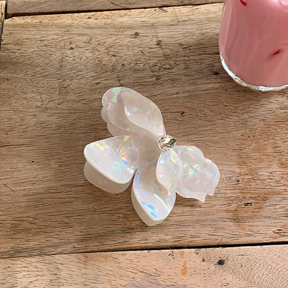 S.A.V.I Mermaid White Butterfly Hair Claw Clip 5.5 cm with Rhinestone Accent, Iridescent Acrylic Floral Design, Strong Grip Hair Accessory for Women & Girls, Half-Up Hairstyle