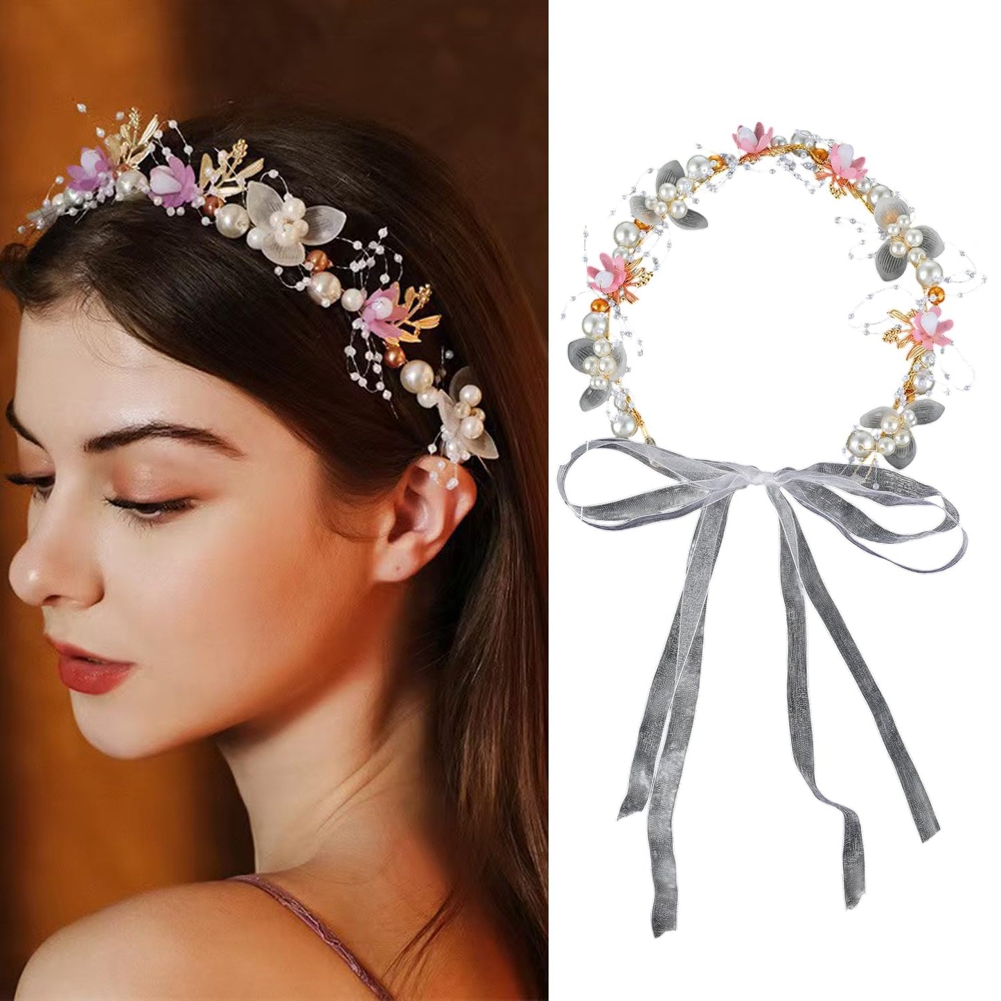 S.A.V.I Floral Pearl Headband for Women & Girls | Pink White Flower Hair Vine Crown Tiara with Ribbon Bow | Adjustable 35cm Bridal Hair Accessory for Wedding Party Festive