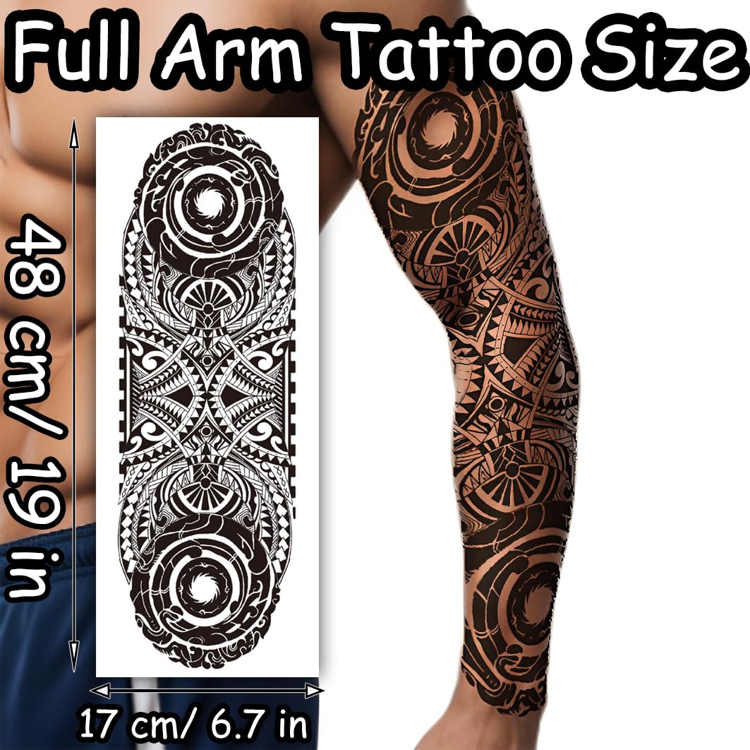 S.A.V.I Full Arm Temporary Tattoo for Men – Large 48x17 cm Black Tribal Design – Waterproof, Long-Lasting, Safe & Non-Toxic – Easy to Apply & Remove – Body Art for Party, Events, Photoshoot