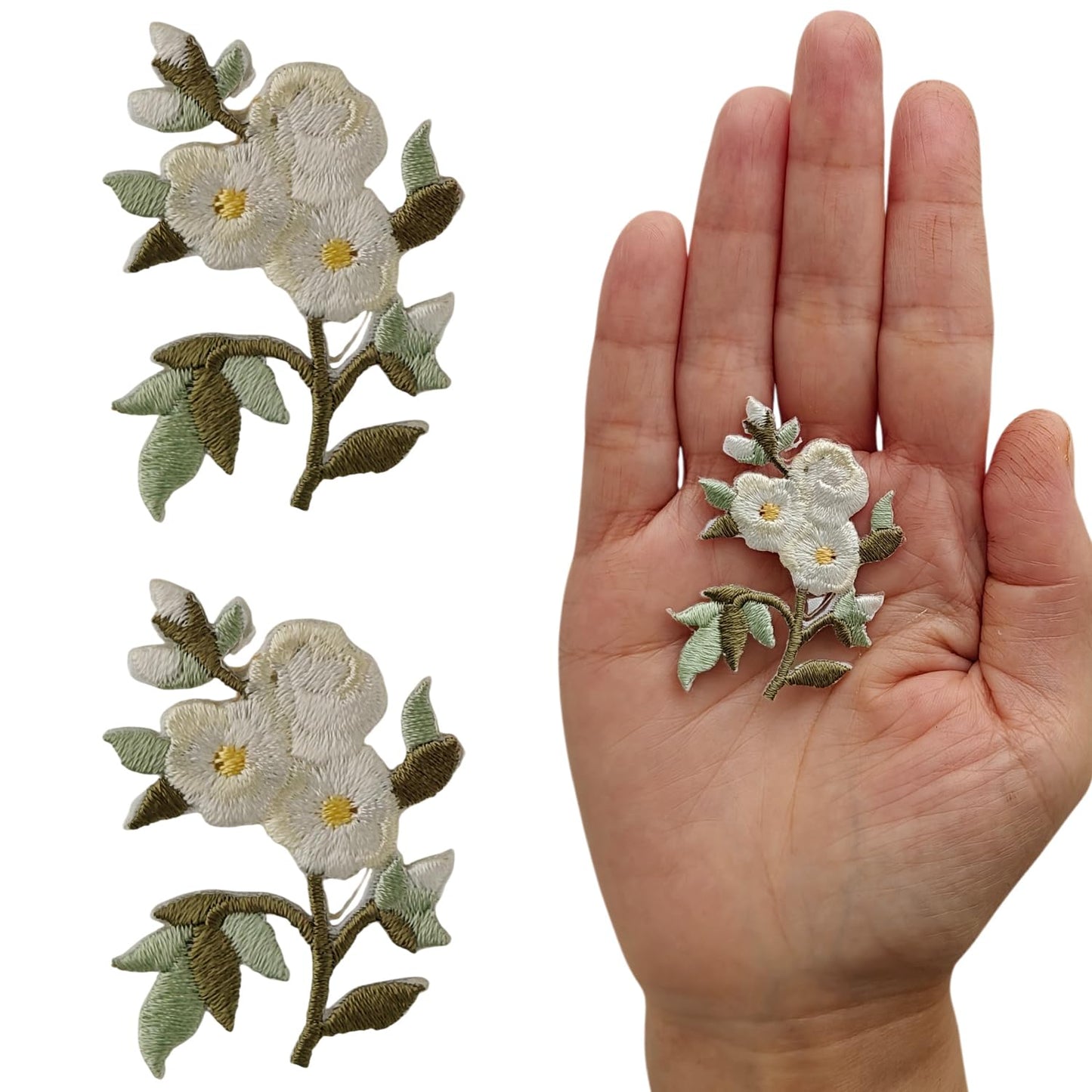 S.A.V.I 2 Pcs Iron-On Embroidered Floral Patch, White & Green Flower Design, 4.5 x 3.5 cm Fabric Applique for Clothes, Dresses, Kurtis, Jeans & DIY Craft Decoration