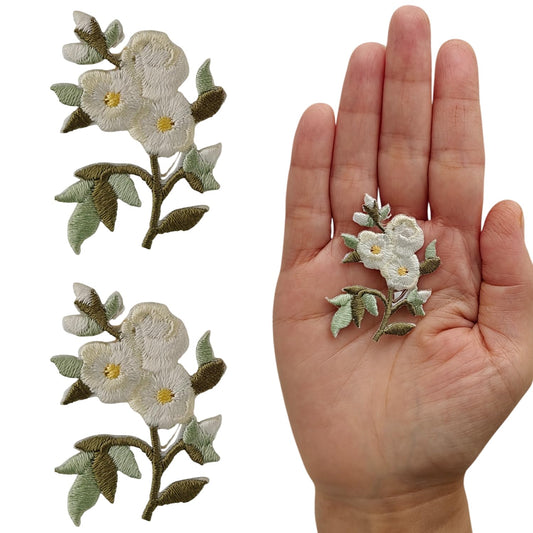 S.A.V.I 2 Pcs Iron-On Embroidered Floral Patch, White & Green Flower Design, 4.5 x 3.5 cm Fabric Applique for Clothes, Dresses, Kurtis, Jeans & DIY Craft Decoration