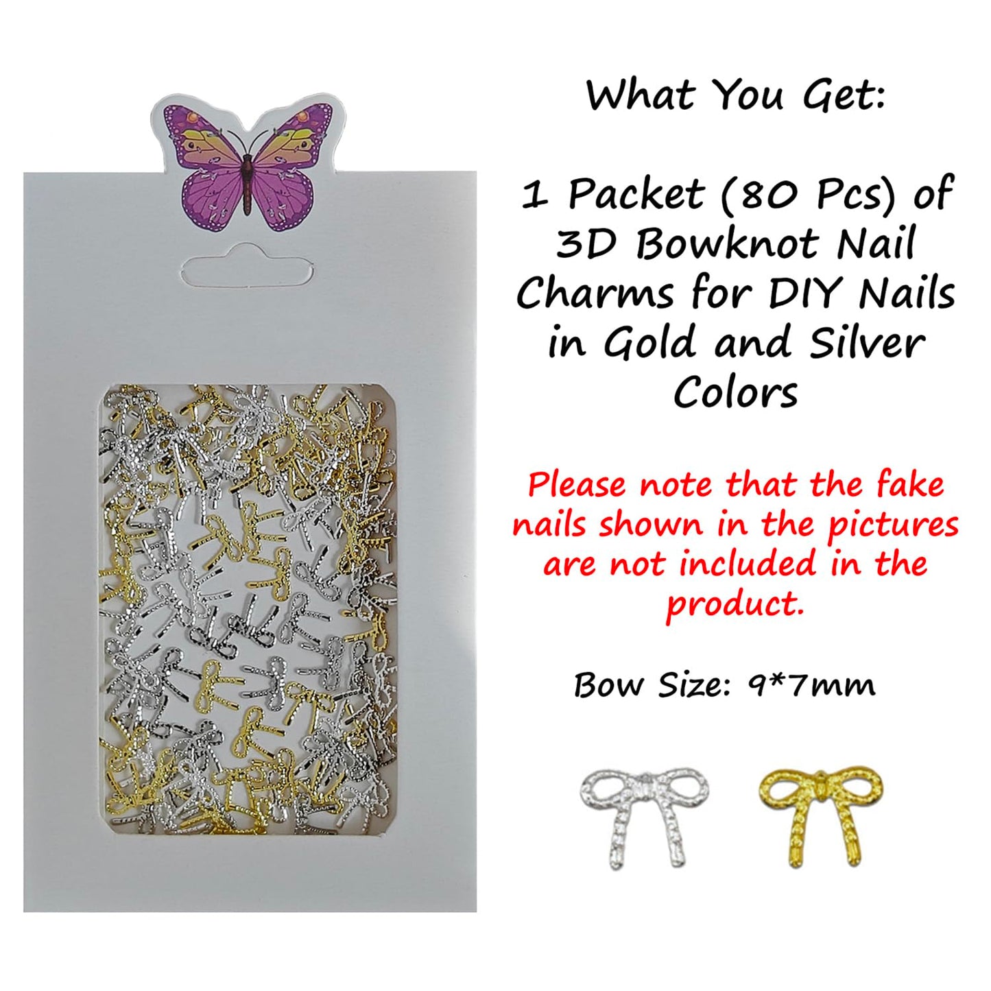 S.A.V.I 3D Bow Knot Nail Charms (80 Pcs) | Gold & Silver Mini Metal Studs 9×7 mm | Alloy Bow Design DIY Nail Jewellery for Gel, Acrylic & Press-On Nails