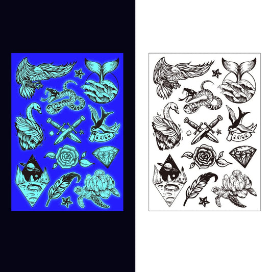 S.A.V.I Neon Temporary Tattoos, UV Tattoos For Men Women, Body Face Art, Feather, Eagal, Animal, Snake, Whale Tattoos Flash Fake Waterproof Tattoo Stickers, Size- 21x15CM