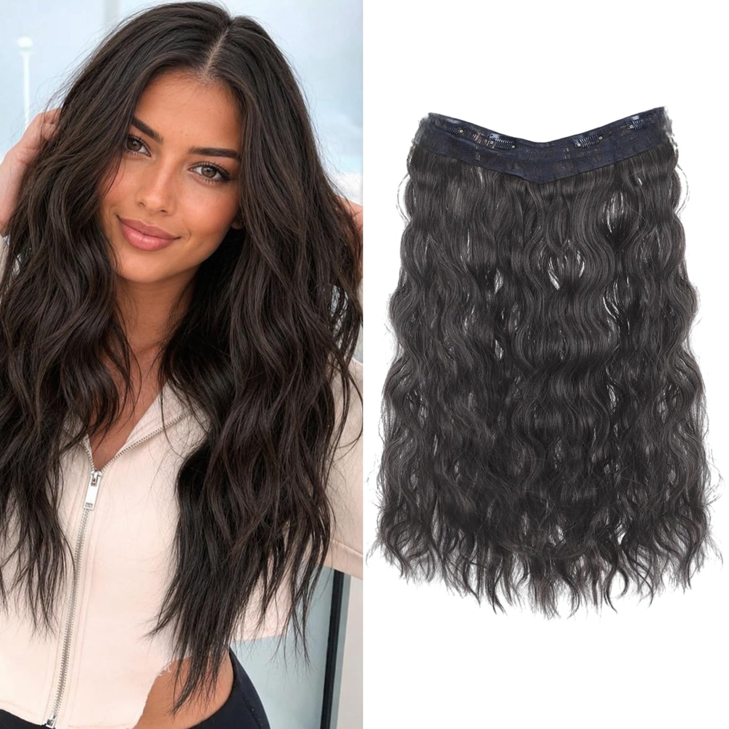 S.A.V.I Natural Black Clip-In Hair Extension for Women, 65 cm Long Wavy Curly Hair Patch with 5 Secure Clips, Synthetic Fiber Volumizer, Reusable Hairpiece for Daily, Party & Styling