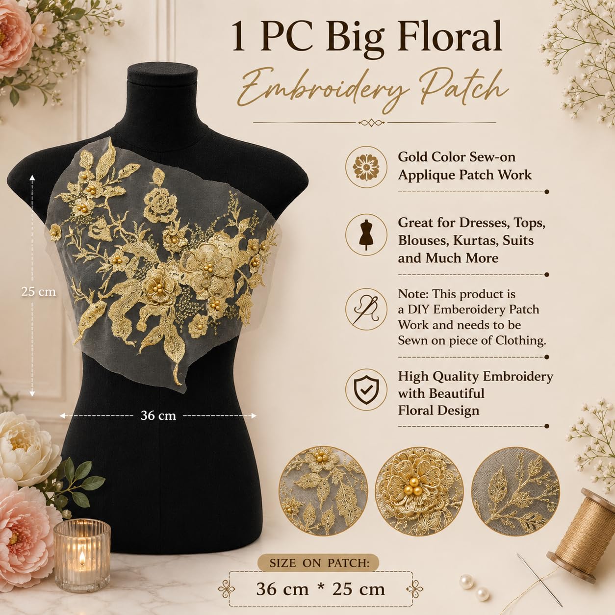 S.A.V.I Gold Floral Embroidery Patch Sew-On Applique 36x25 cm|DIY Lace Motif for Dresses, Blouses, Kurtas & Gowns, Mesh Base with Pearl Accents, Elegant Craft Embellishment, 1 Pc