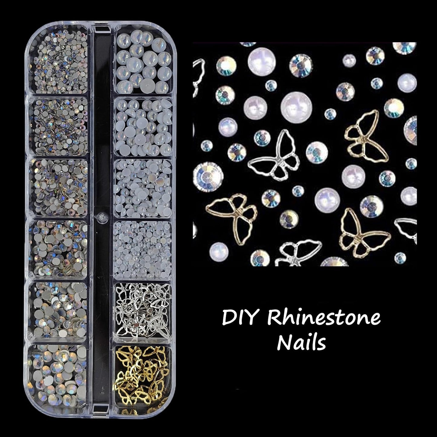 S.A.V.I DIY Nail Art Rhinestone & Pearl Decoration Kit – AB Crystal Glass Flat Back Stones, White Pearls, Gold & Silver Butterfly Charms with 12 Section Storage Box for Gel Acrylic Nails
