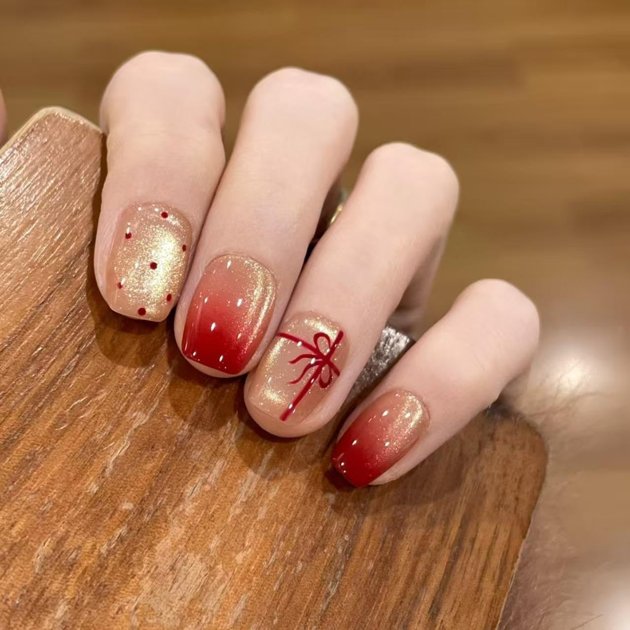 S.A.V.I Press-on Nails Short Cat Eye Red Nude Set of 30 | Bow & Polka Dot Design, Glossy Gradient Finish, Includes Glue & Adhesive, Reusable & Waterproof, DIY Manicure