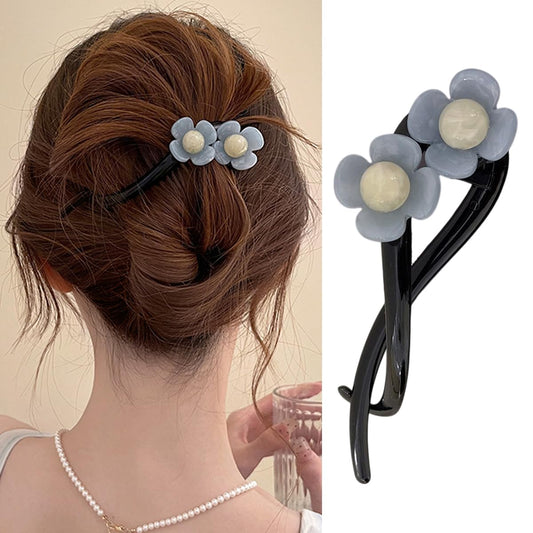 S.A.V.I Light Blue Flower Hair Clip for Women & Girls | Stylish Acrylic Floral Design | 11cm Long Black U-Shape Hairpin Strong Grip for Party Casual Daily Hairstyles