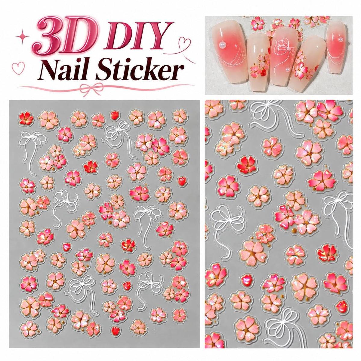 S.A.V.I 3D Floral Nail Art Stickers Self Adhesive Decals 2 Sheets | Pink Cherry Blossom, Raised Texture, DIY Manicure, 7 x 9 cm, Women & Girls
